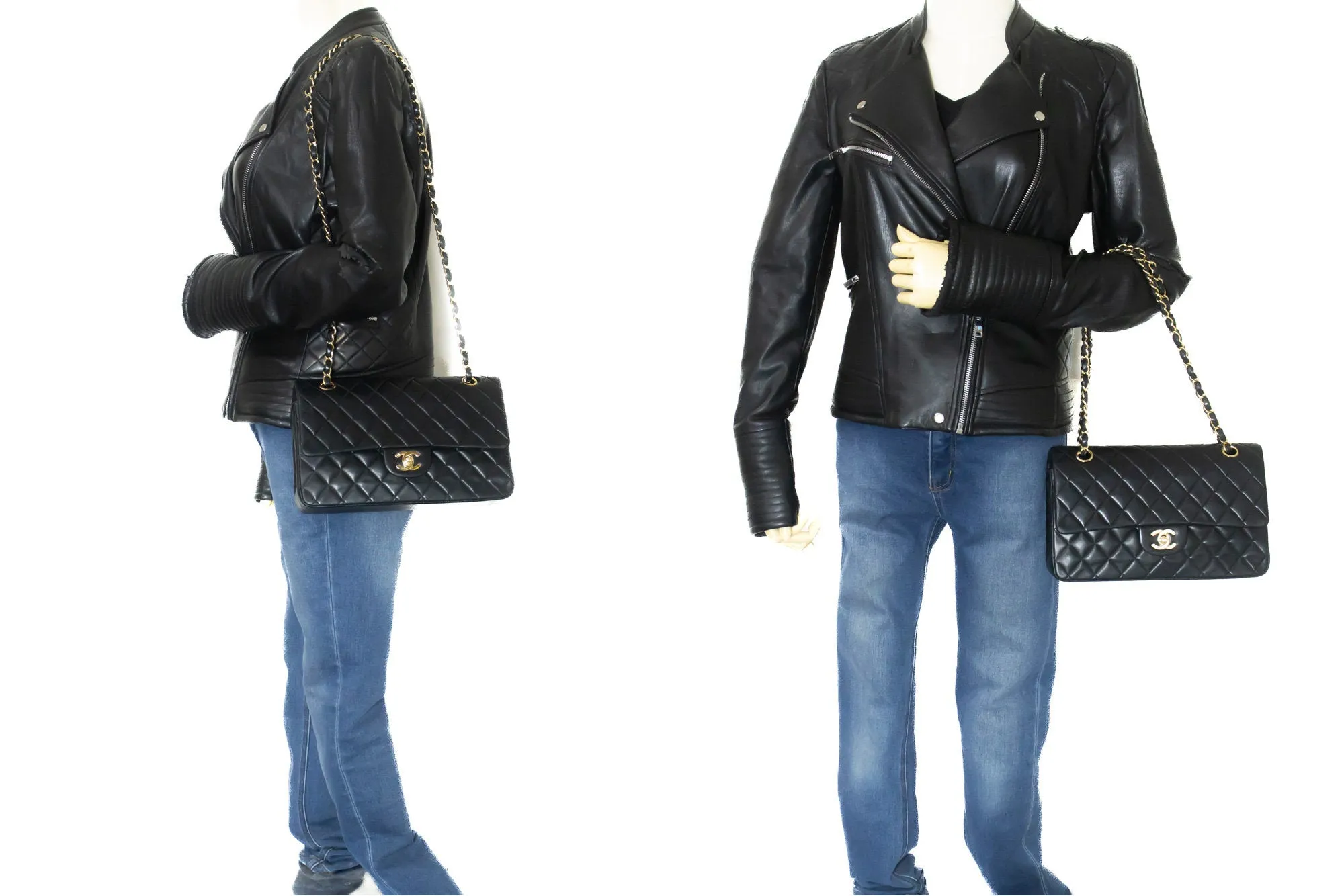 CHANEL Classic Double Flap 10" Chain Shoulder Bag Black Lambskin m97