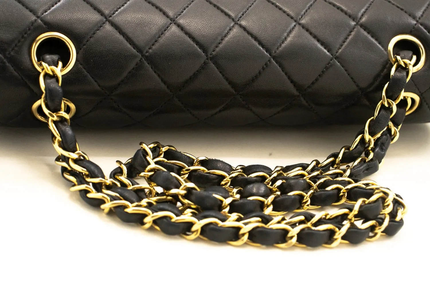 CHANEL Classic Double Flap 10" Chain Shoulder Bag Black Lambskin m97