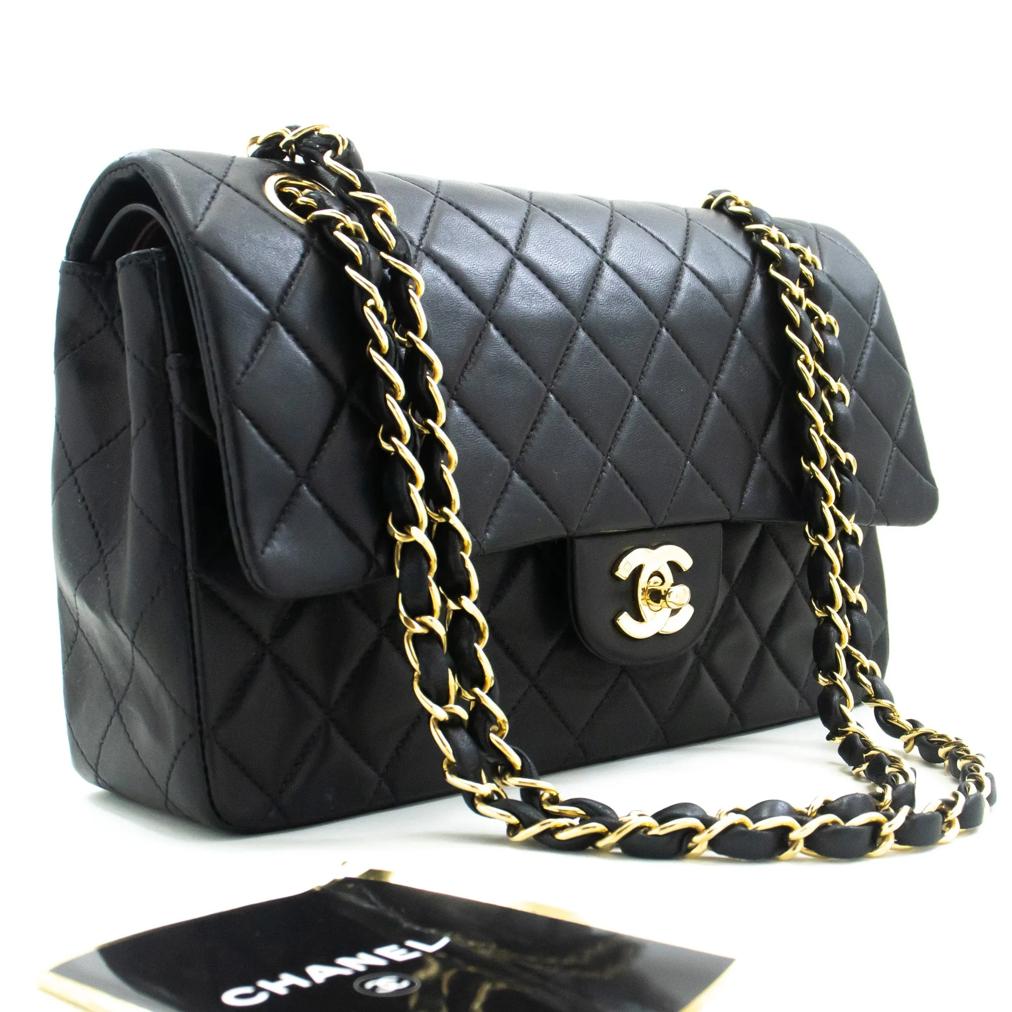 CHANEL Classic Double Flap 10" Chain Shoulder Bag Black Lambskin m97