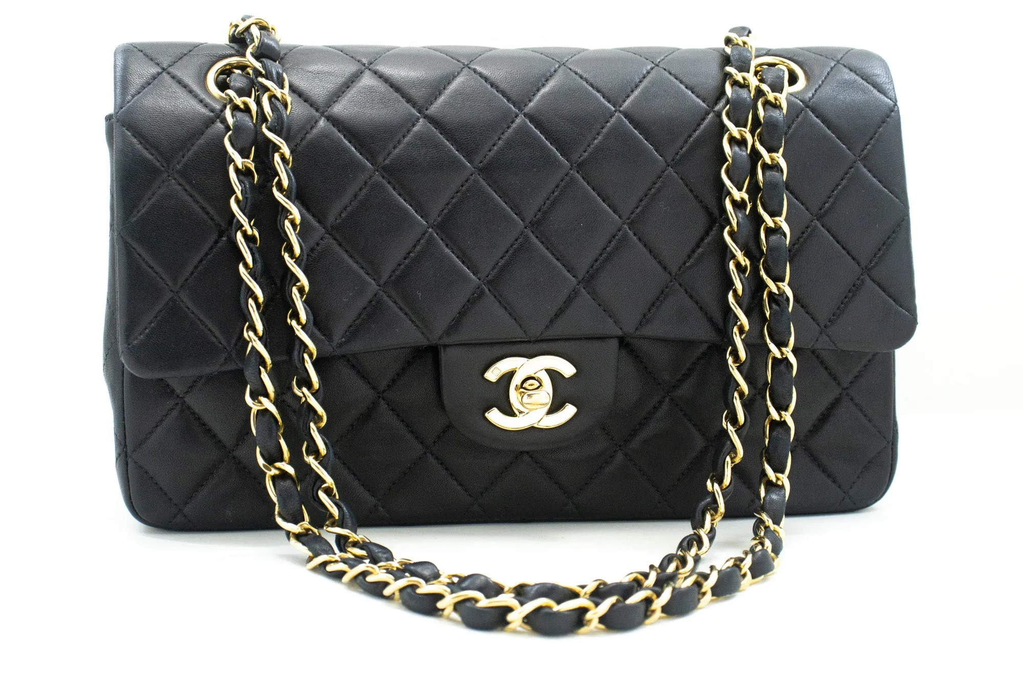 CHANEL Classic Double Flap 10" Chain Shoulder Bag Black Lambskin m97