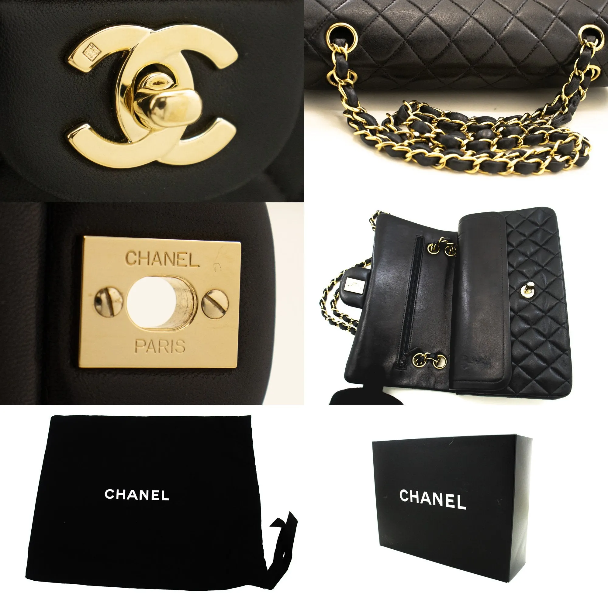 CHANEL Classic Double Flap 10" Chain Shoulder Bag Black Lambskin m97