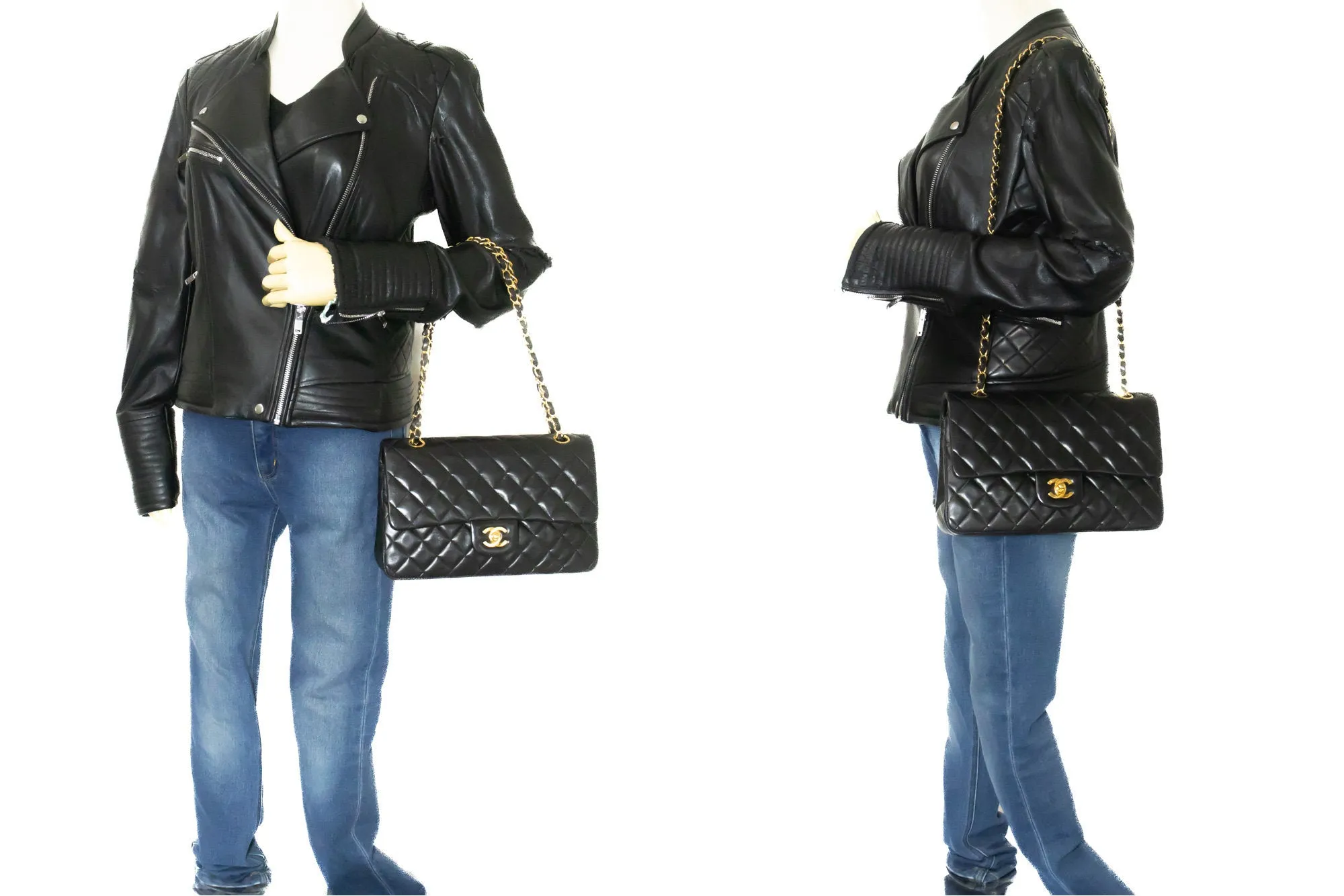 CHANEL Classic Double Flap 10" Chain Shoulder Bag Black Lambskin n44