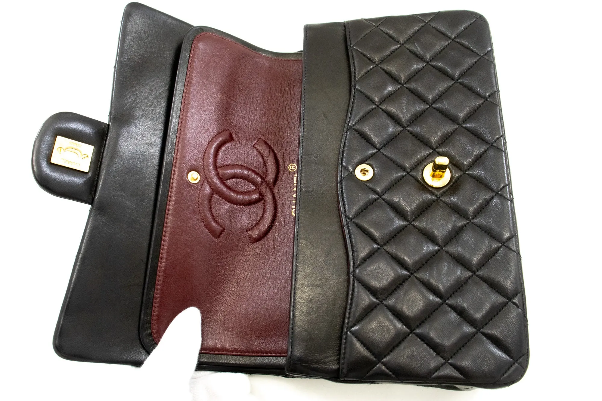 CHANEL Classic Double Flap 10" Chain Shoulder Bag Black Lambskin n44