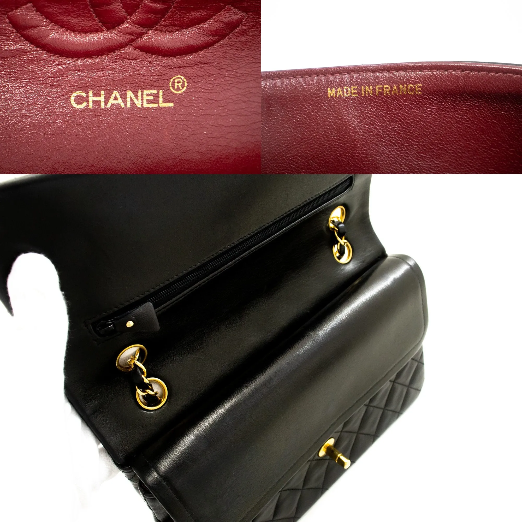 CHANEL Classic Double Flap 10" Chain Shoulder Bag Black Lambskin n44