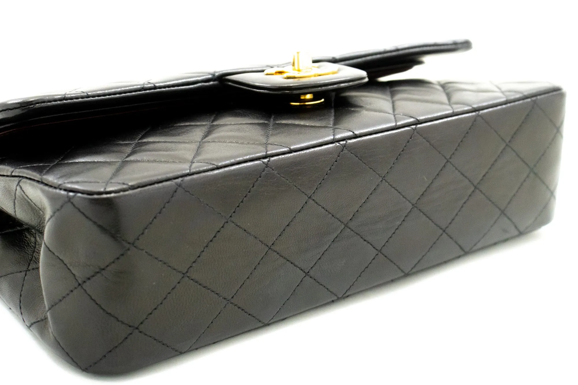 CHANEL Classic Double Flap 10" Chain Shoulder Bag Black Lambskin n44
