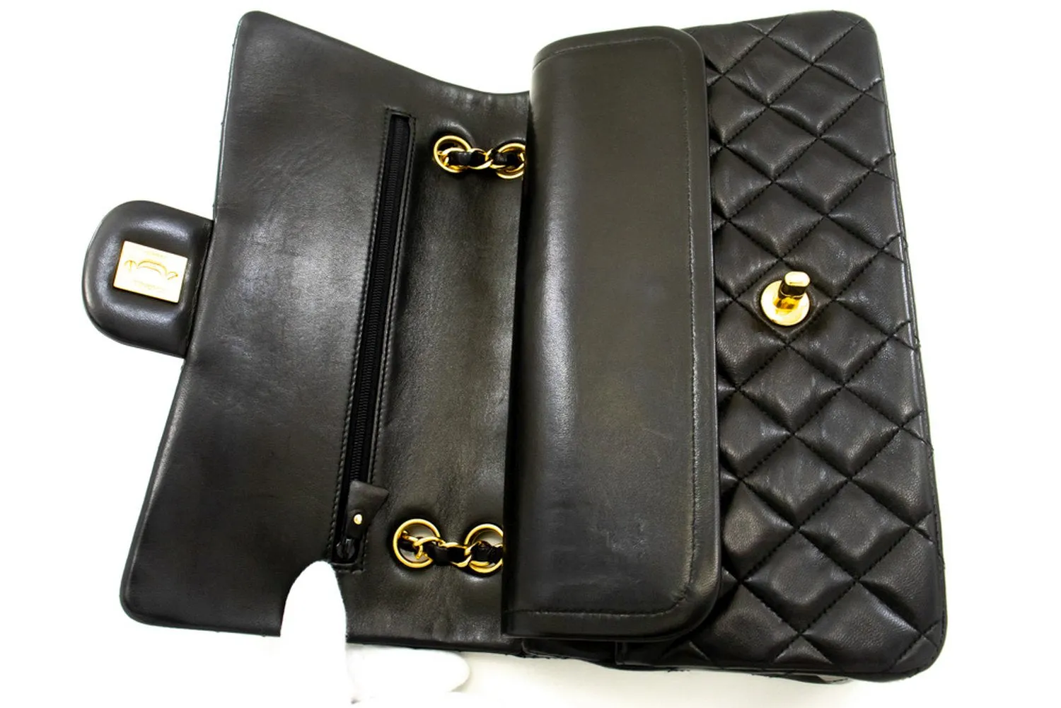 CHANEL Classic Double Flap 10" Chain Shoulder Bag Black Lambskin n44