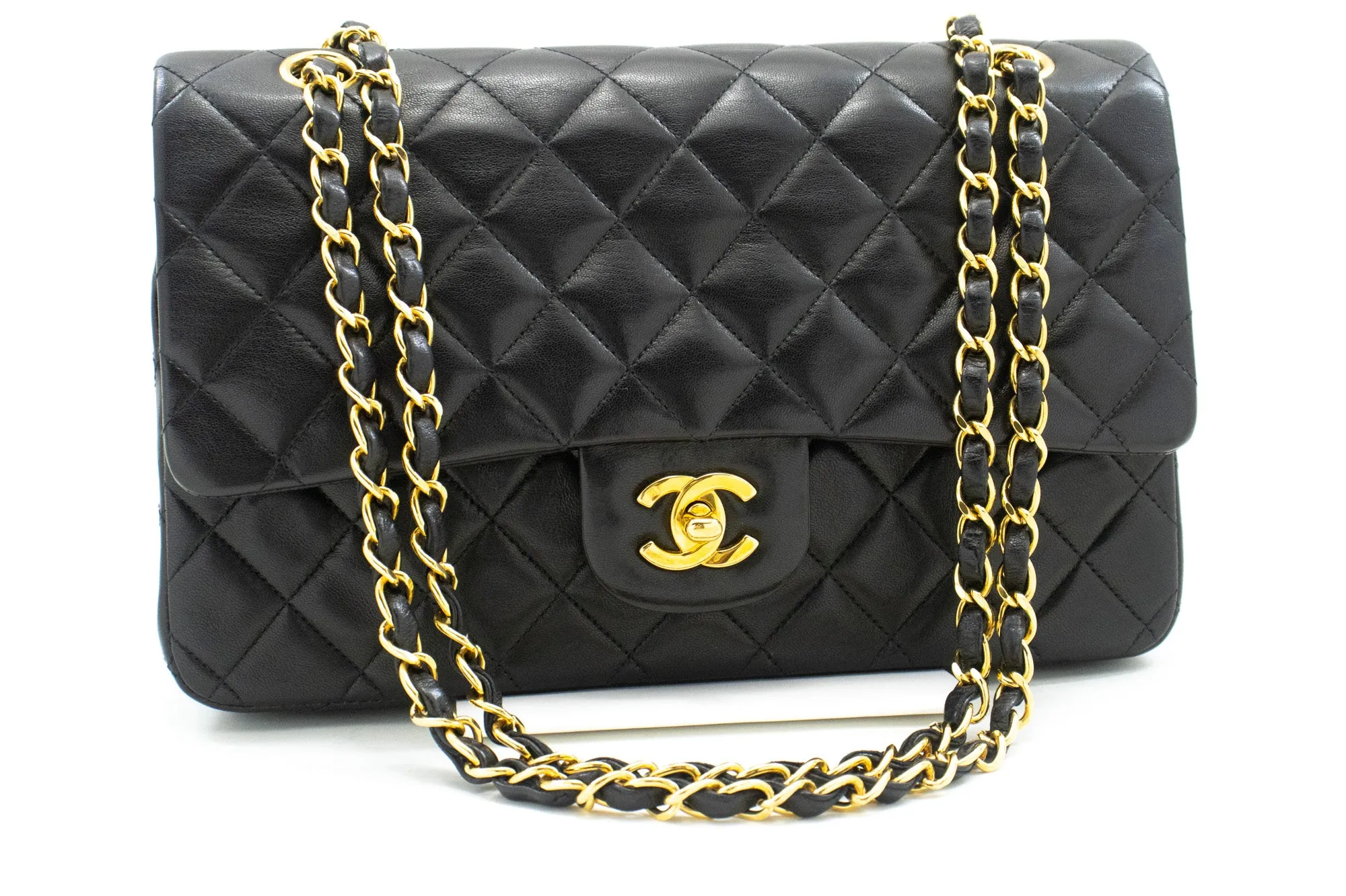 CHANEL Classic Double Flap 10" Chain Shoulder Bag Black Lambskin n44