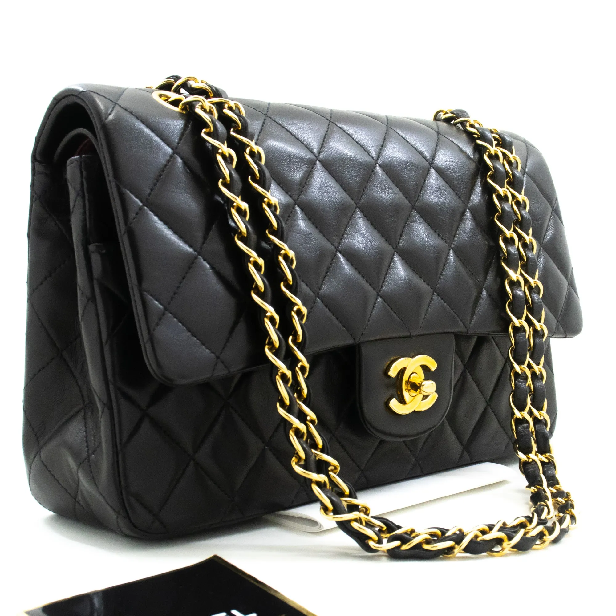 CHANEL Classic Double Flap 10" Chain Shoulder Bag Black Lambskin n44