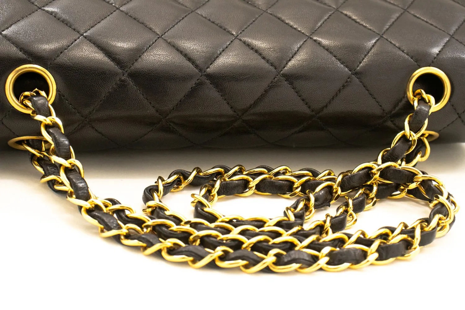 CHANEL Classic Double Flap 10" Chain Shoulder Bag Black Lambskin n44