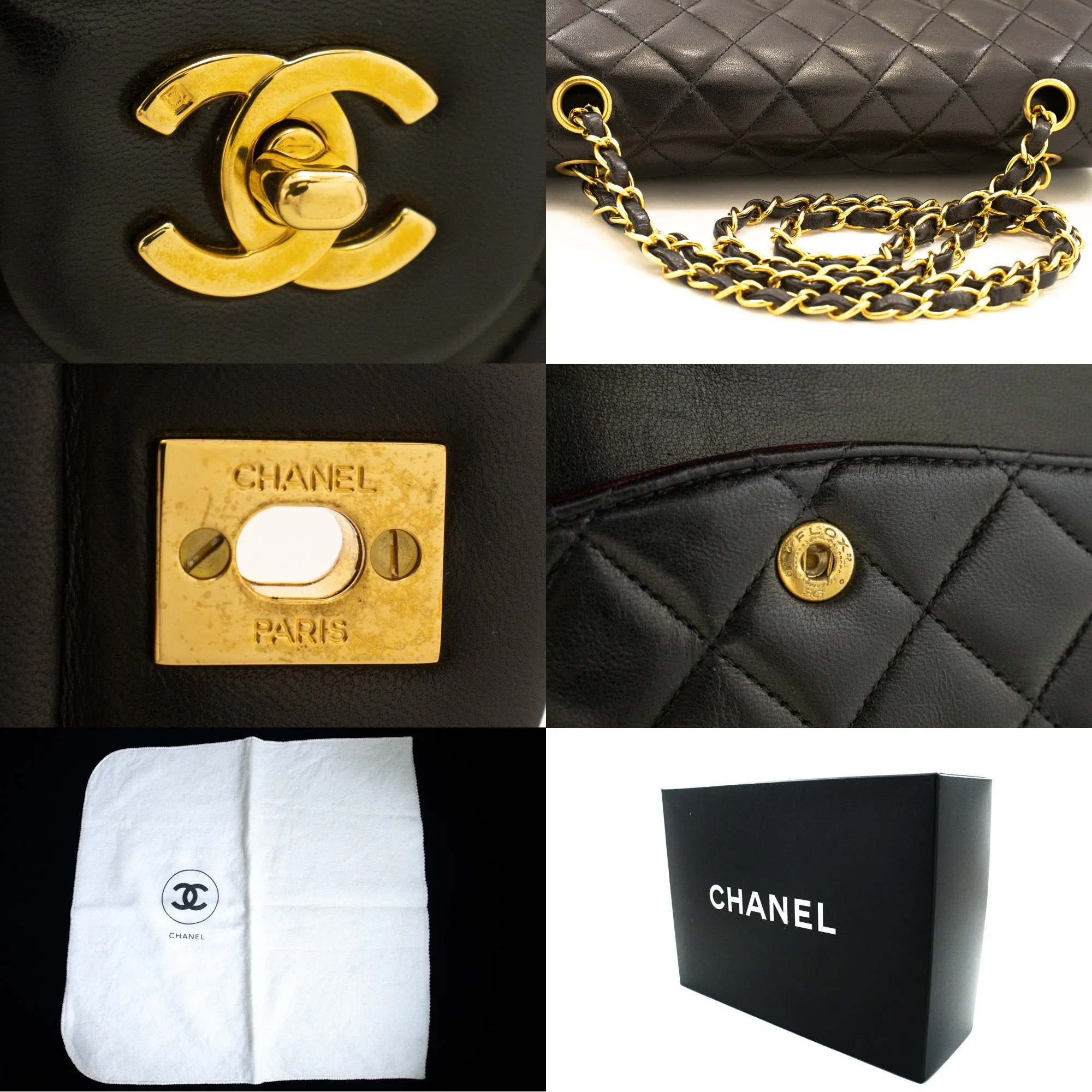 CHANEL Classic Double Flap 10" Chain Shoulder Bag Black Lambskin n44