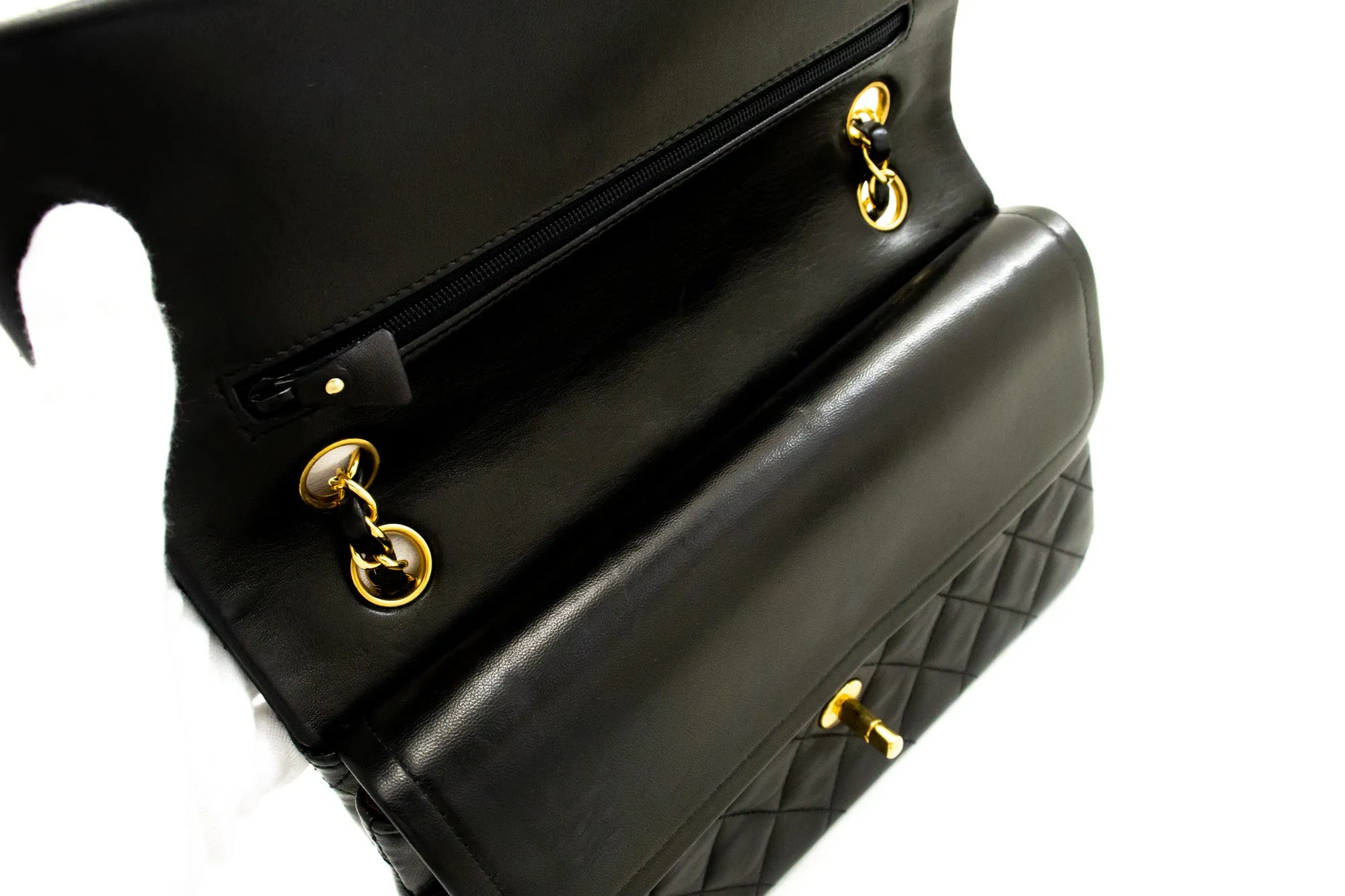 CHANEL Classic Double Flap 10" Chain Shoulder Bag Black Lambskin n44
