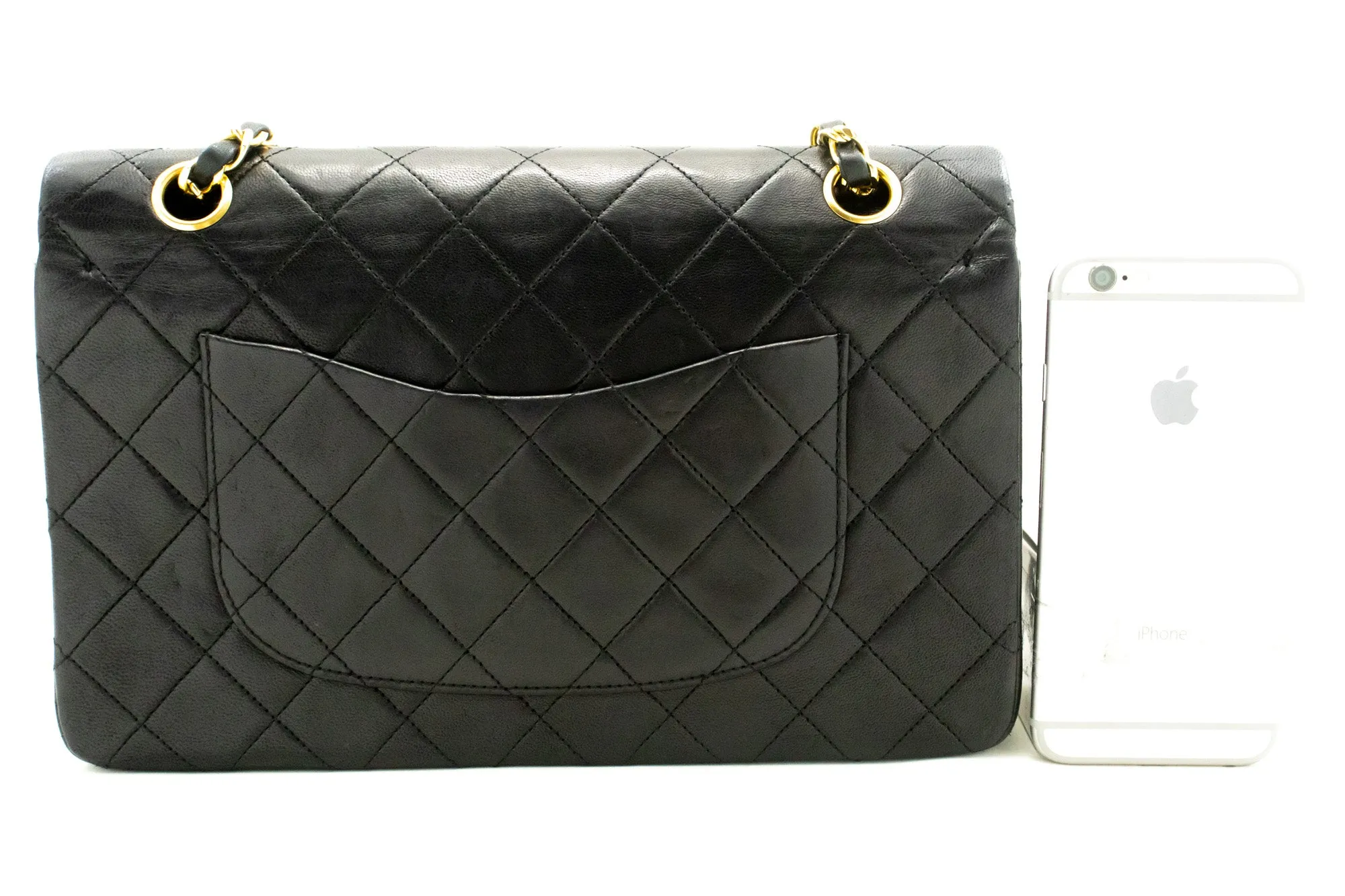 CHANEL Classic Double Flap 10" Chain Shoulder Bag Black Lambskin n97