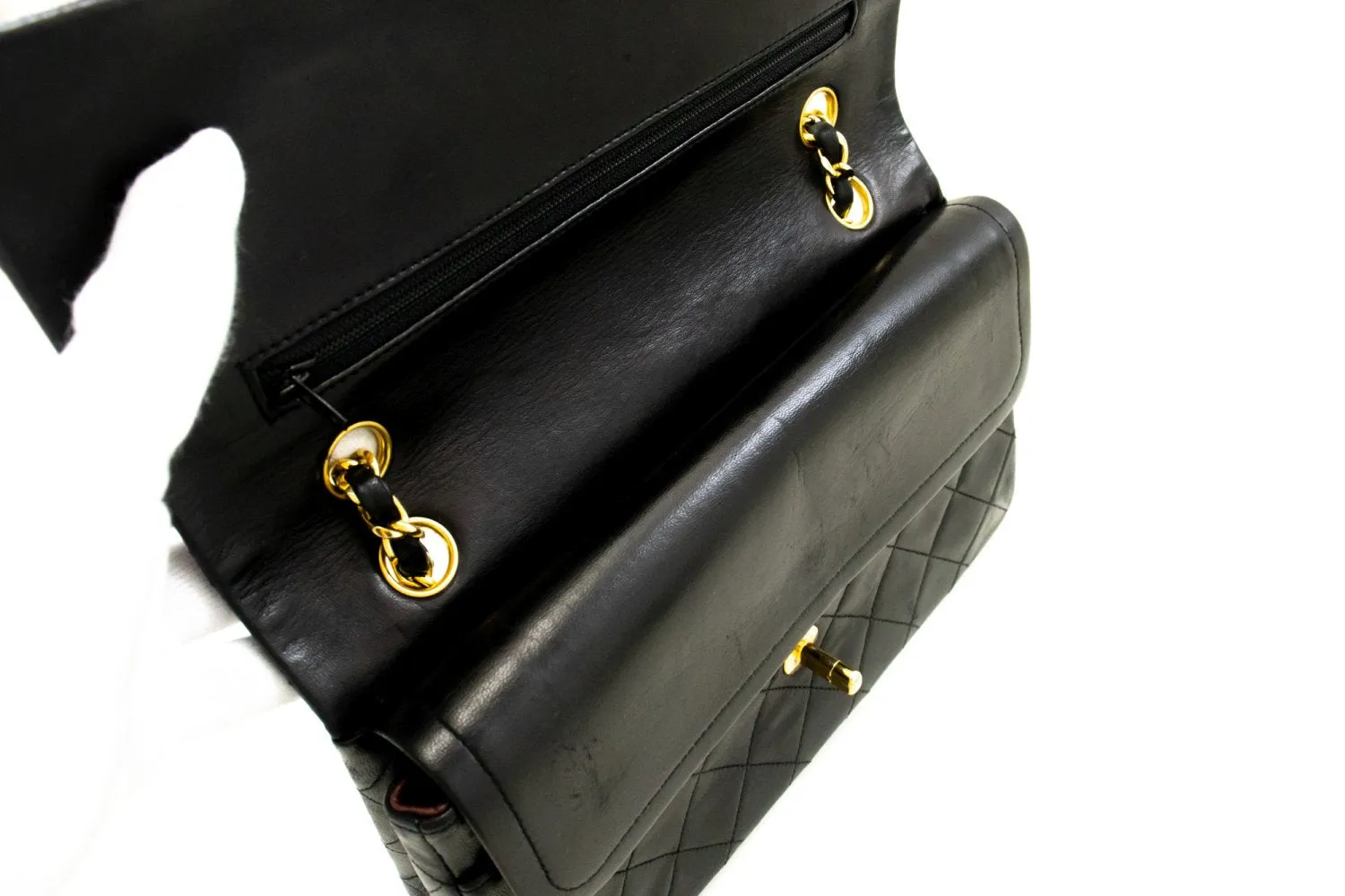 CHANEL Classic Double Flap 10" Chain Shoulder Bag Black Lambskin n97