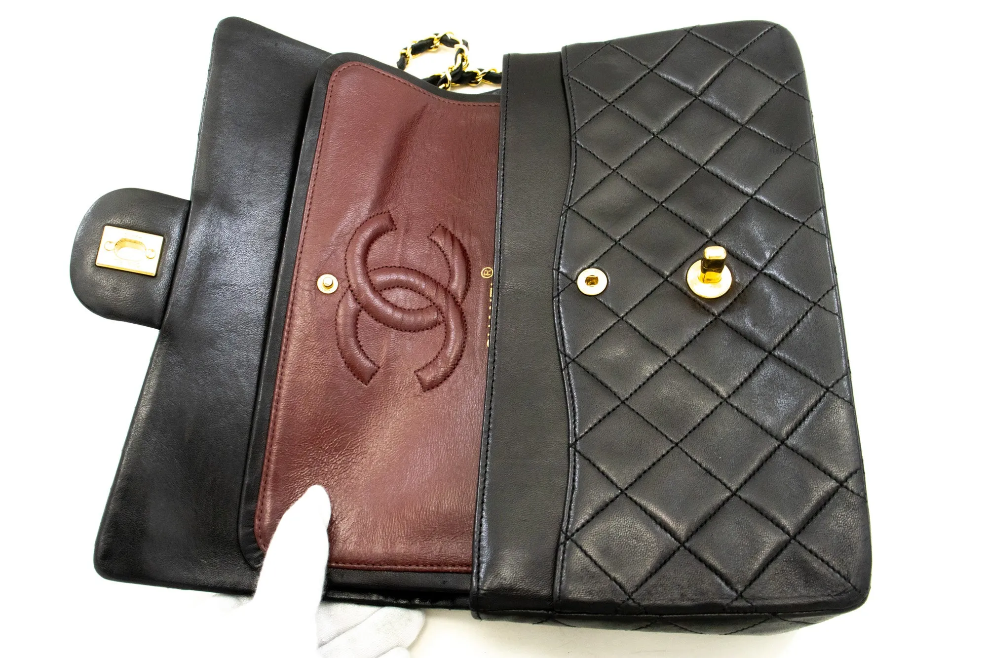 CHANEL Classic Double Flap 10" Chain Shoulder Bag Black Lambskin n97