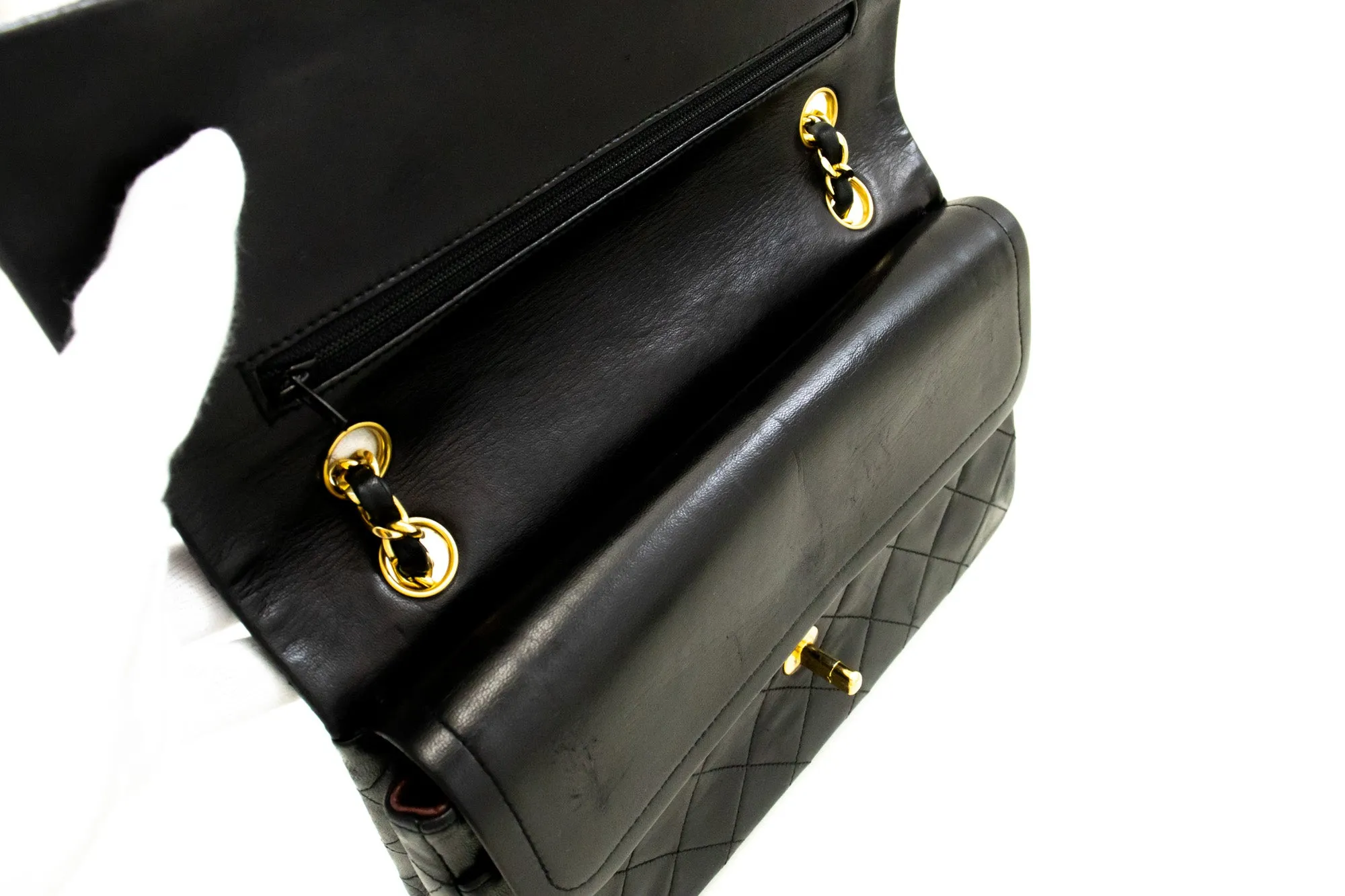 CHANEL Classic Double Flap 10" Chain Shoulder Bag Black Lambskin n97
