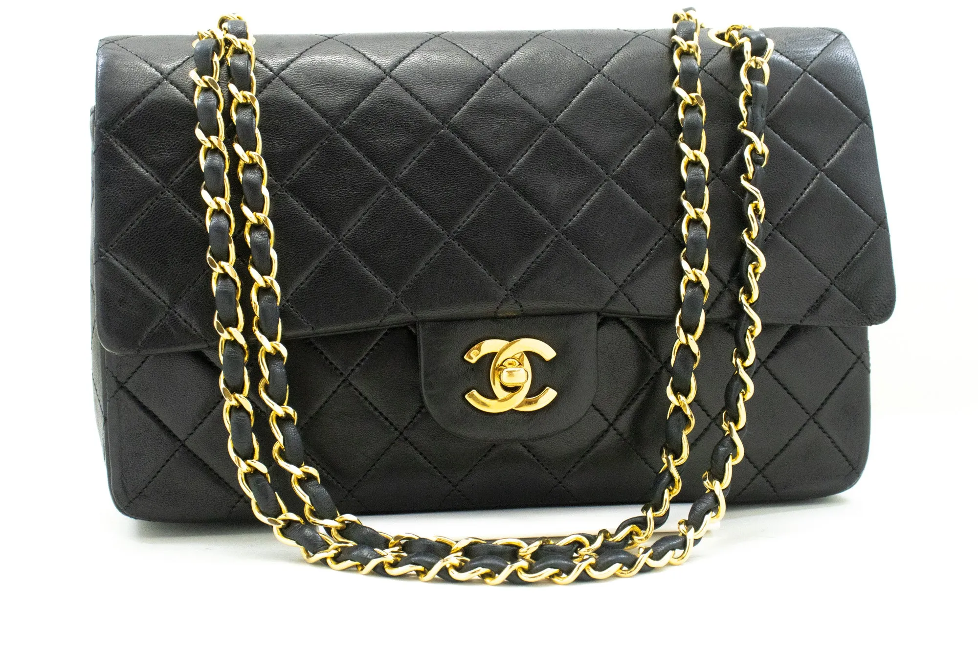 CHANEL Classic Double Flap 10" Chain Shoulder Bag Black Lambskin n97