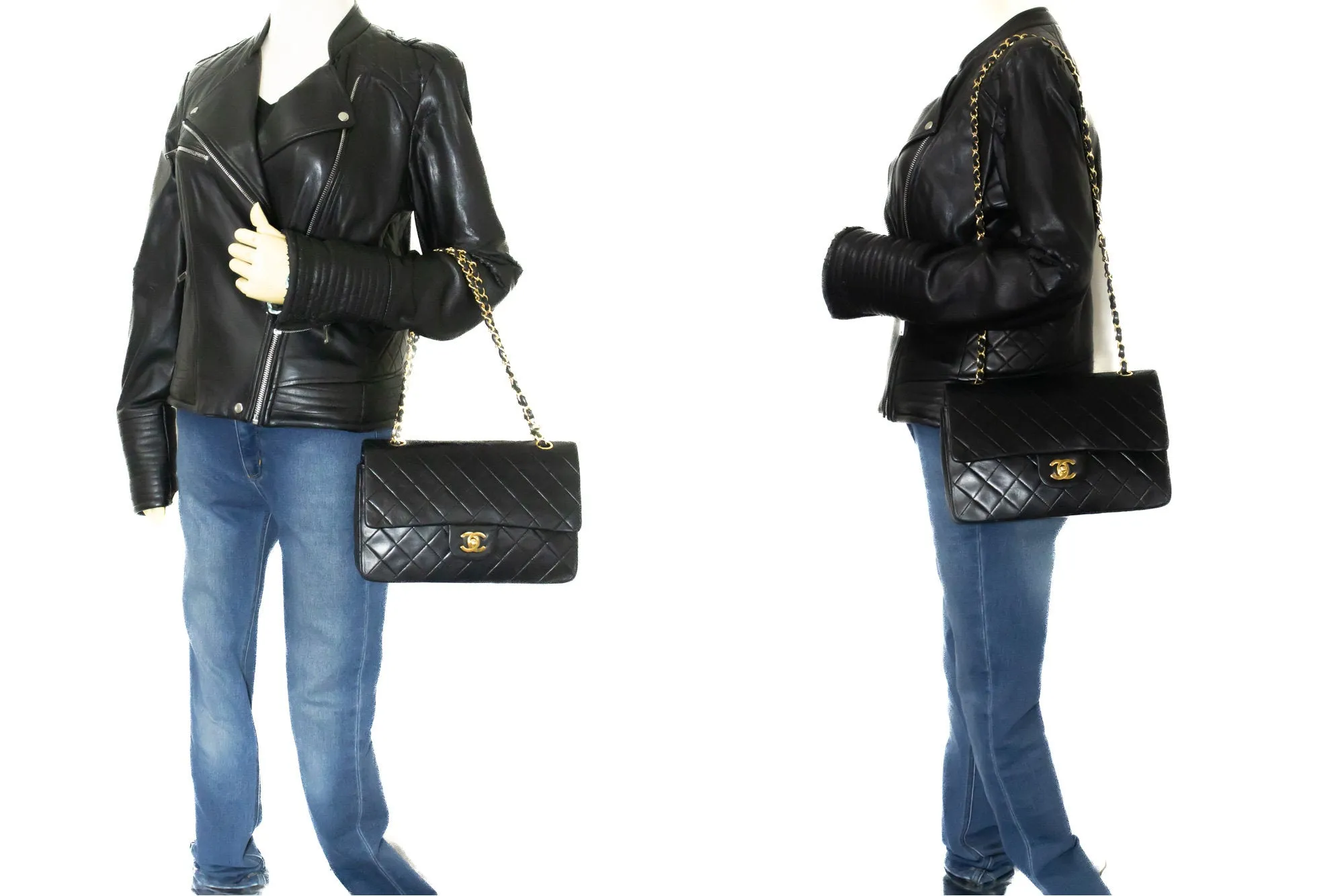 CHANEL Classic Double Flap 10" Chain Shoulder Bag Black Lambskin n97