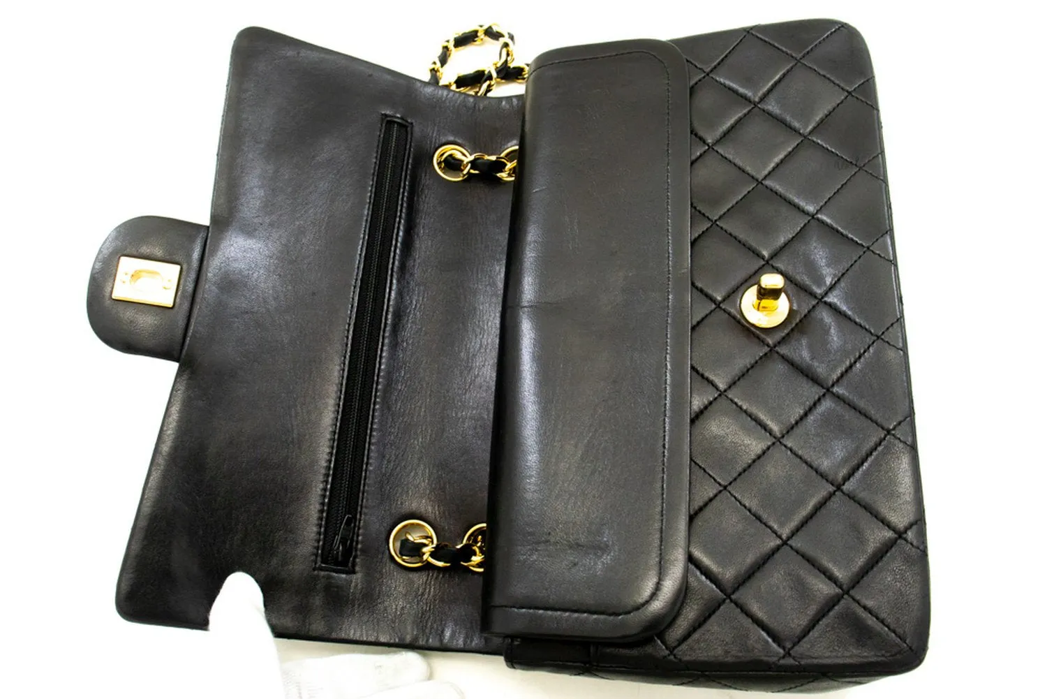 CHANEL Classic Double Flap 10" Chain Shoulder Bag Black Lambskin n97