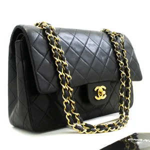 CHANEL Classic Double Flap 10" Chain Shoulder Bag Black Lambskin n97