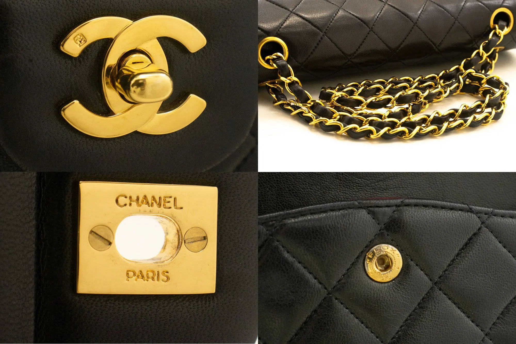 CHANEL Classic Double Flap 10" Chain Shoulder Bag Black Lambskin n99