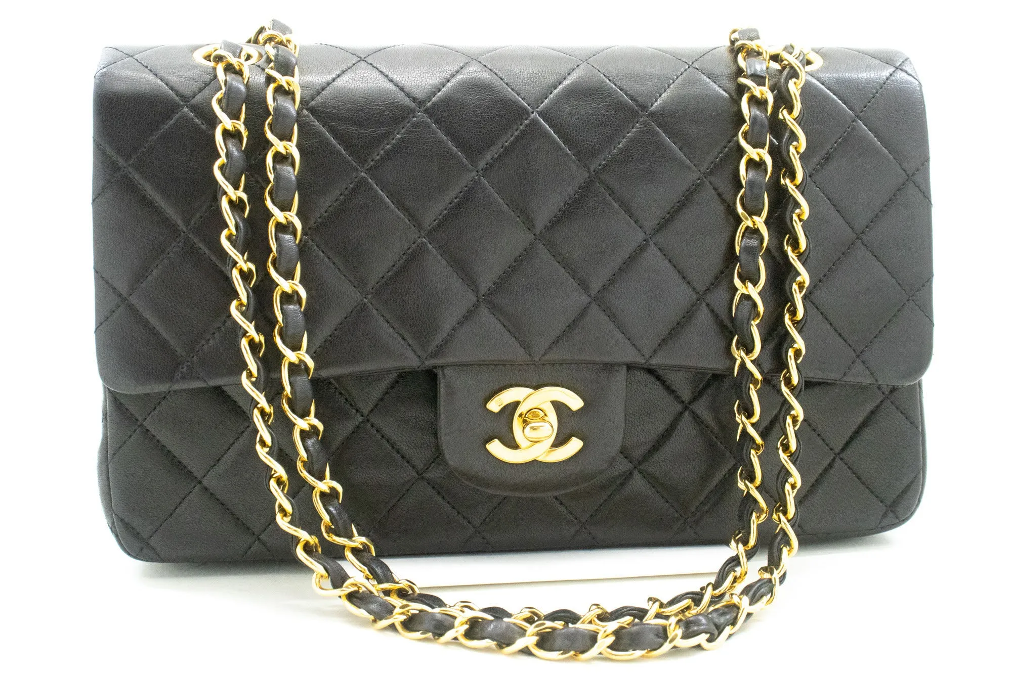 CHANEL Classic Double Flap 10" Chain Shoulder Bag Black Lambskin n99