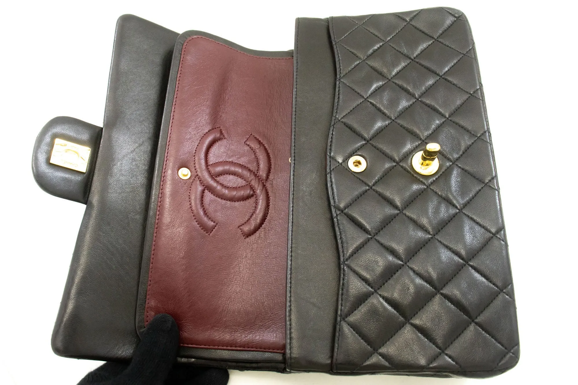 CHANEL Classic Double Flap 10" Chain Shoulder Bag Black Lambskin n99