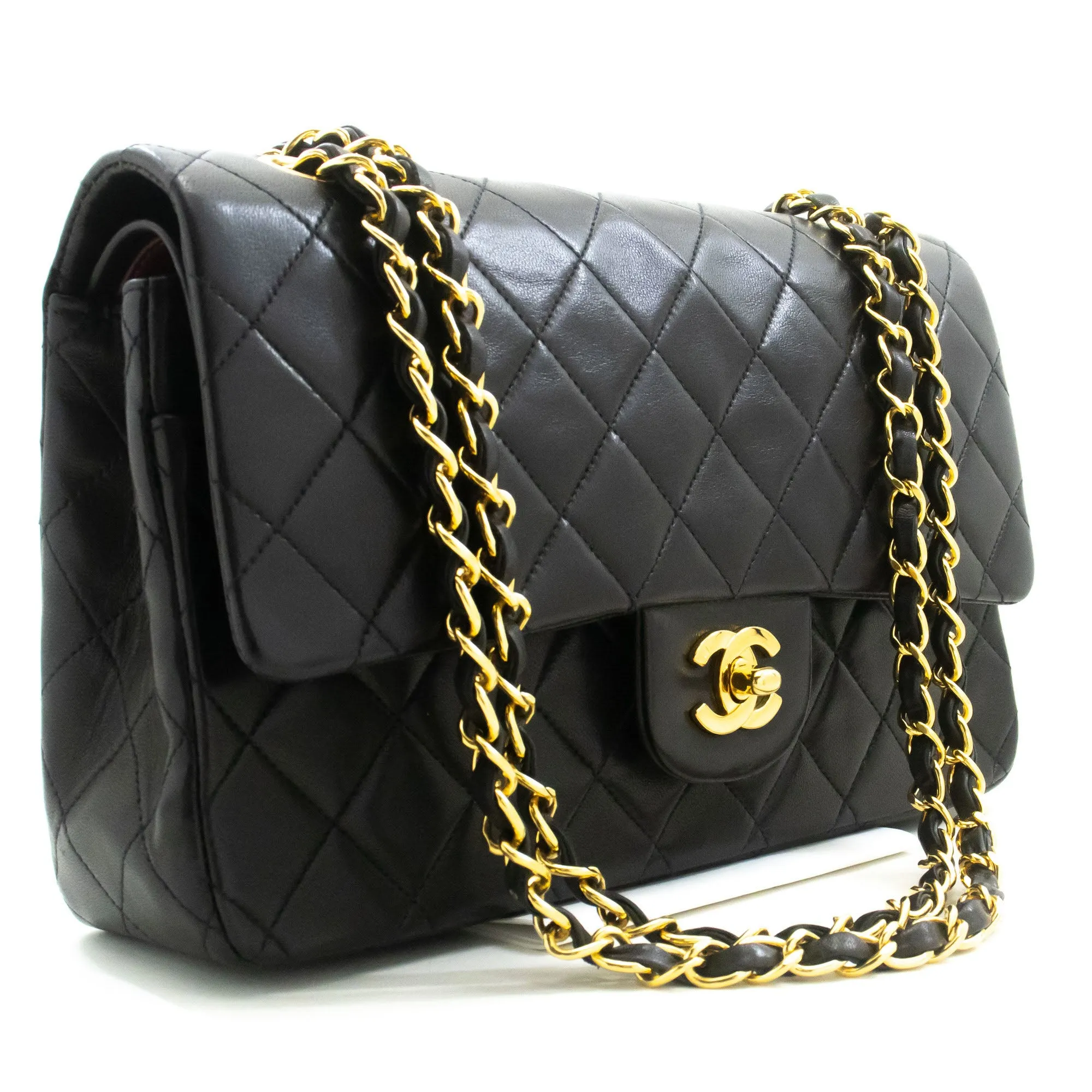 CHANEL Classic Double Flap 10" Chain Shoulder Bag Black Lambskin n99