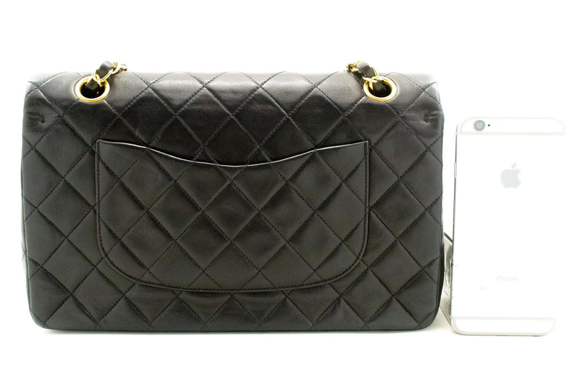 CHANEL Classic Double Flap 10" Chain Shoulder Bag Black Lambskin n99