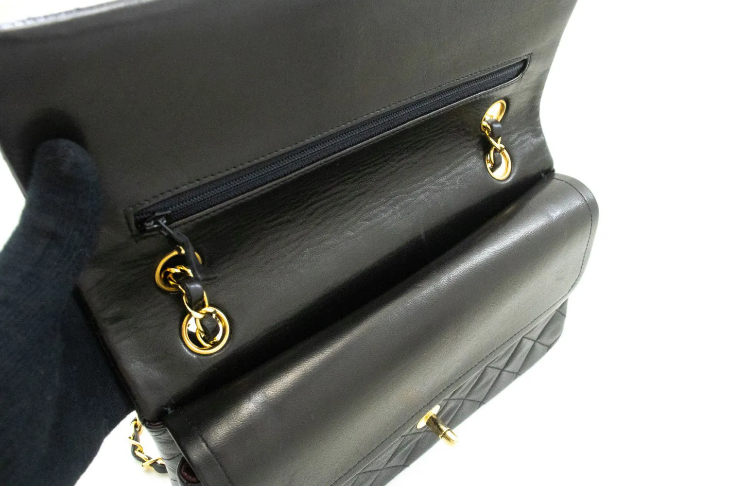 CHANEL Classic Double Flap 10" Chain Shoulder Bag Black Lambskin n99