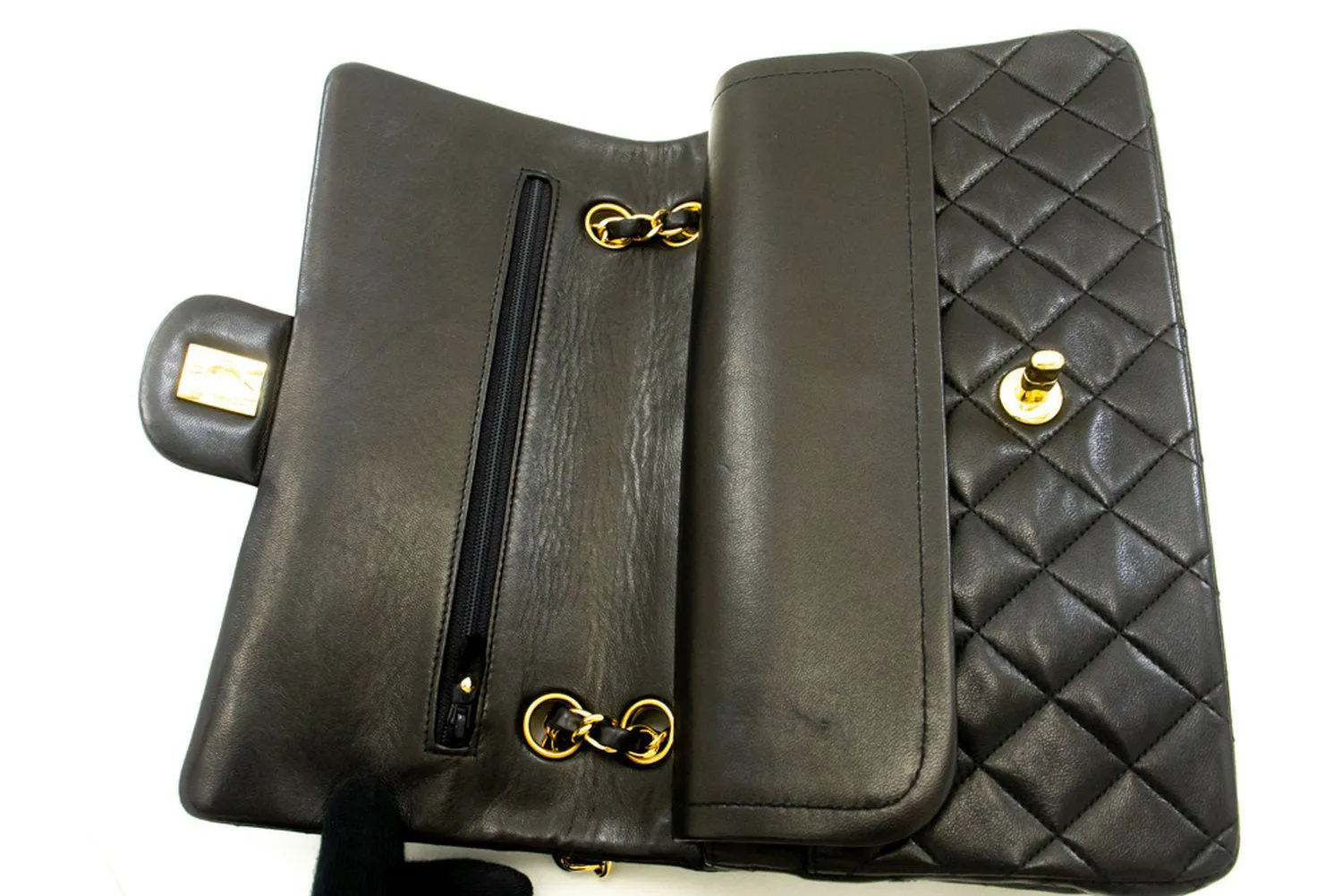 CHANEL Classic Double Flap 10" Chain Shoulder Bag Black Lambskin n99