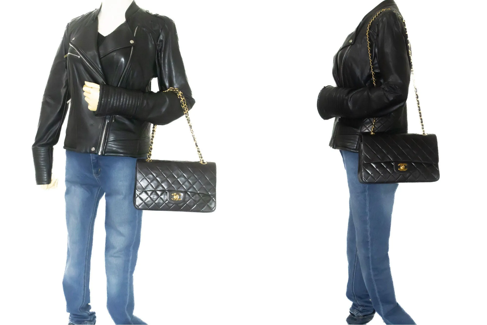 CHANEL Classic Double Flap 10" Chain Shoulder Bag Black Lambskin n99