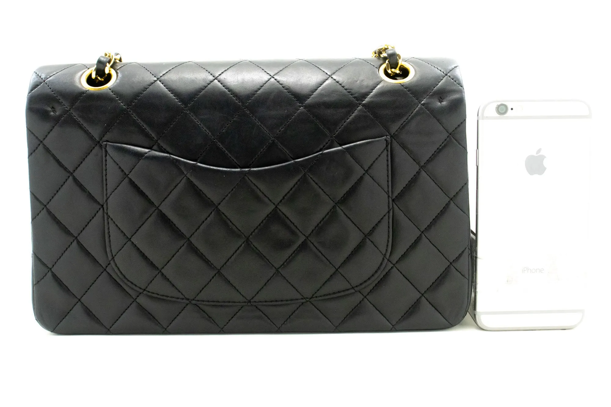 CHANEL Classic Double Flap 10" Chain Shoulder Bag Black Lambskin p09