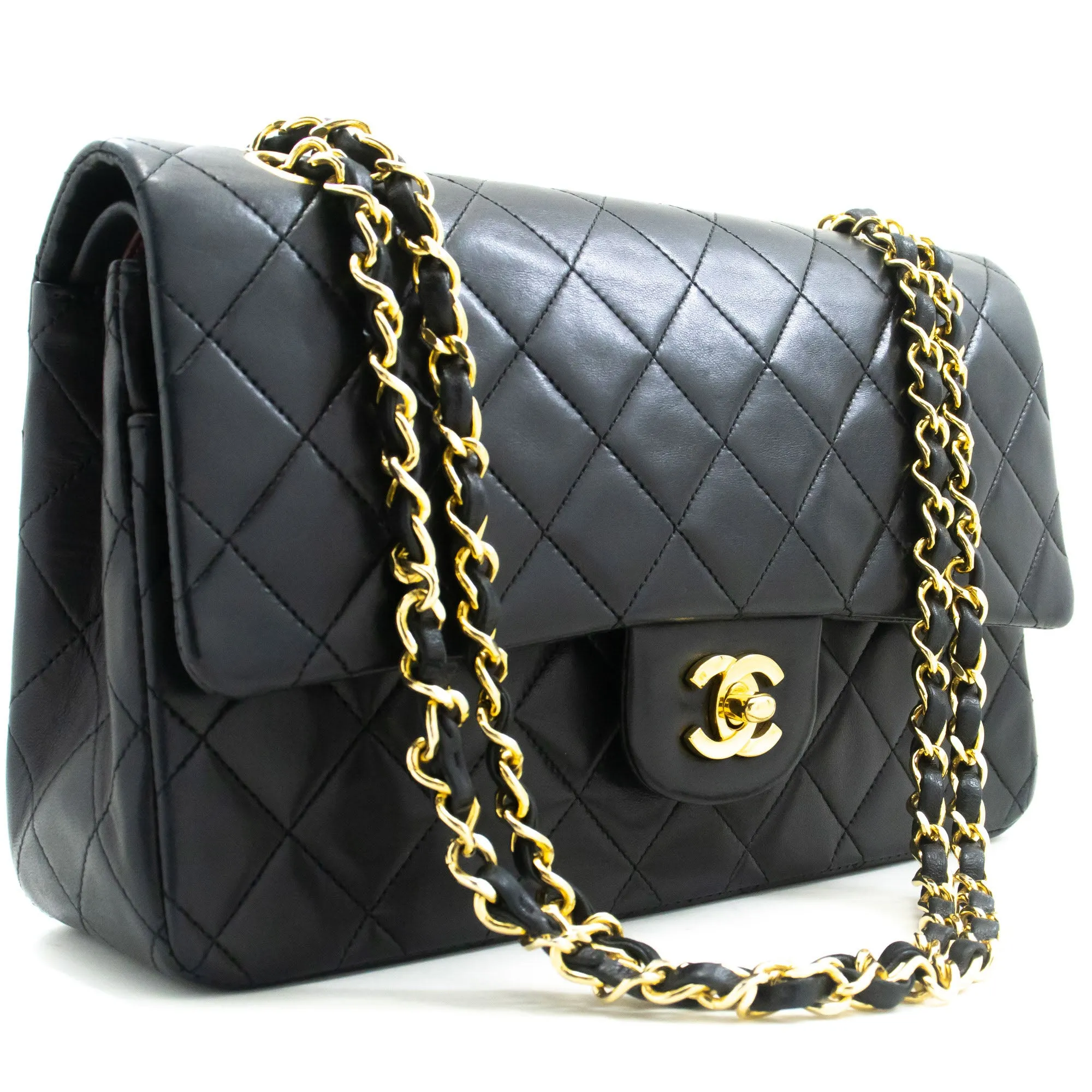 CHANEL Classic Double Flap 10" Chain Shoulder Bag Black Lambskin p09
