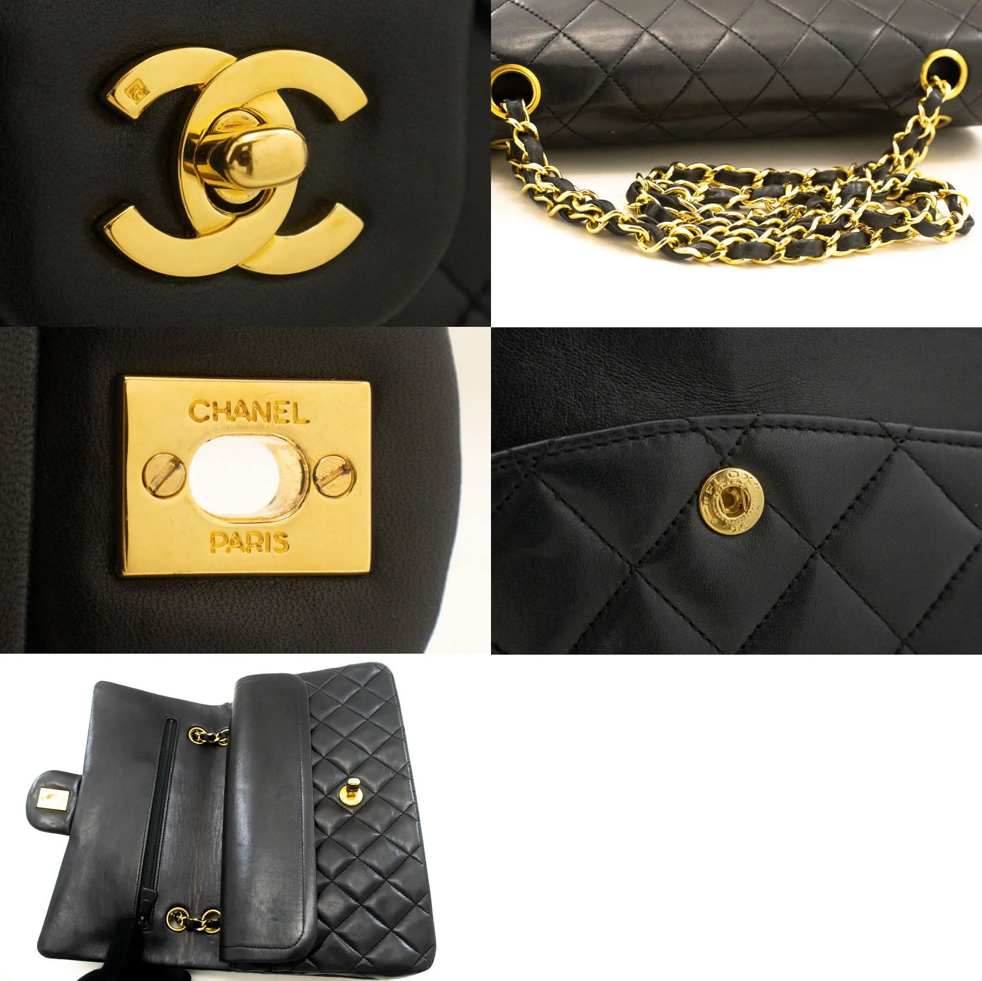 CHANEL Classic Double Flap 10" Chain Shoulder Bag Black Lambskin p09