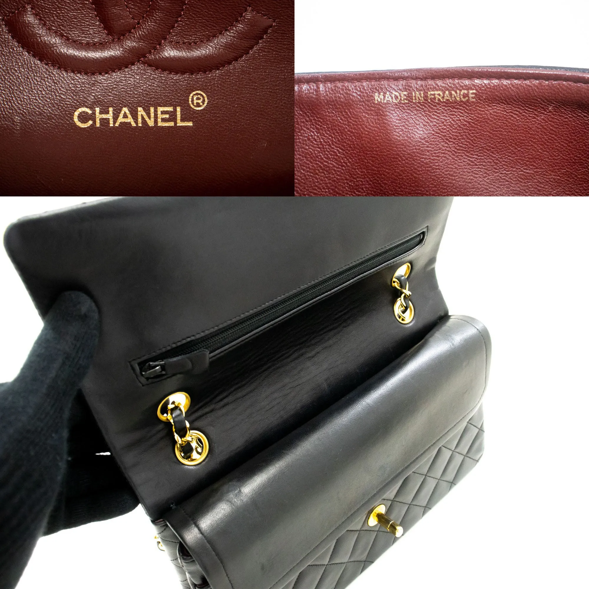 CHANEL Classic Double Flap 10" Chain Shoulder Bag Black Lambskin p09