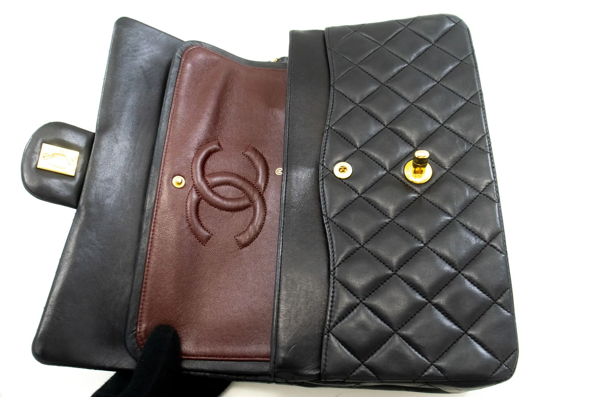 CHANEL Classic Double Flap 10" Chain Shoulder Bag Black Lambskin p09