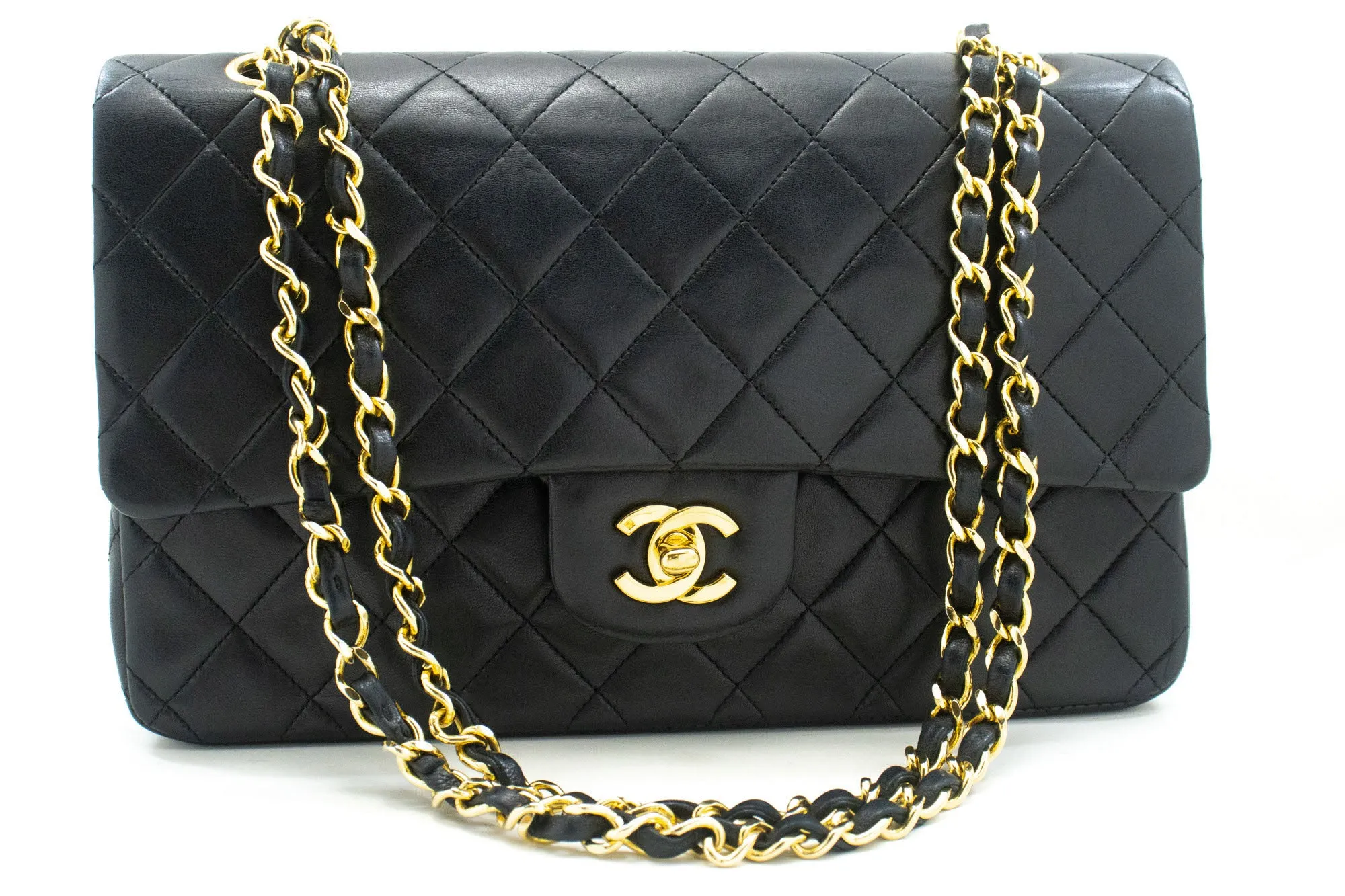 CHANEL Classic Double Flap 10" Chain Shoulder Bag Black Lambskin p09