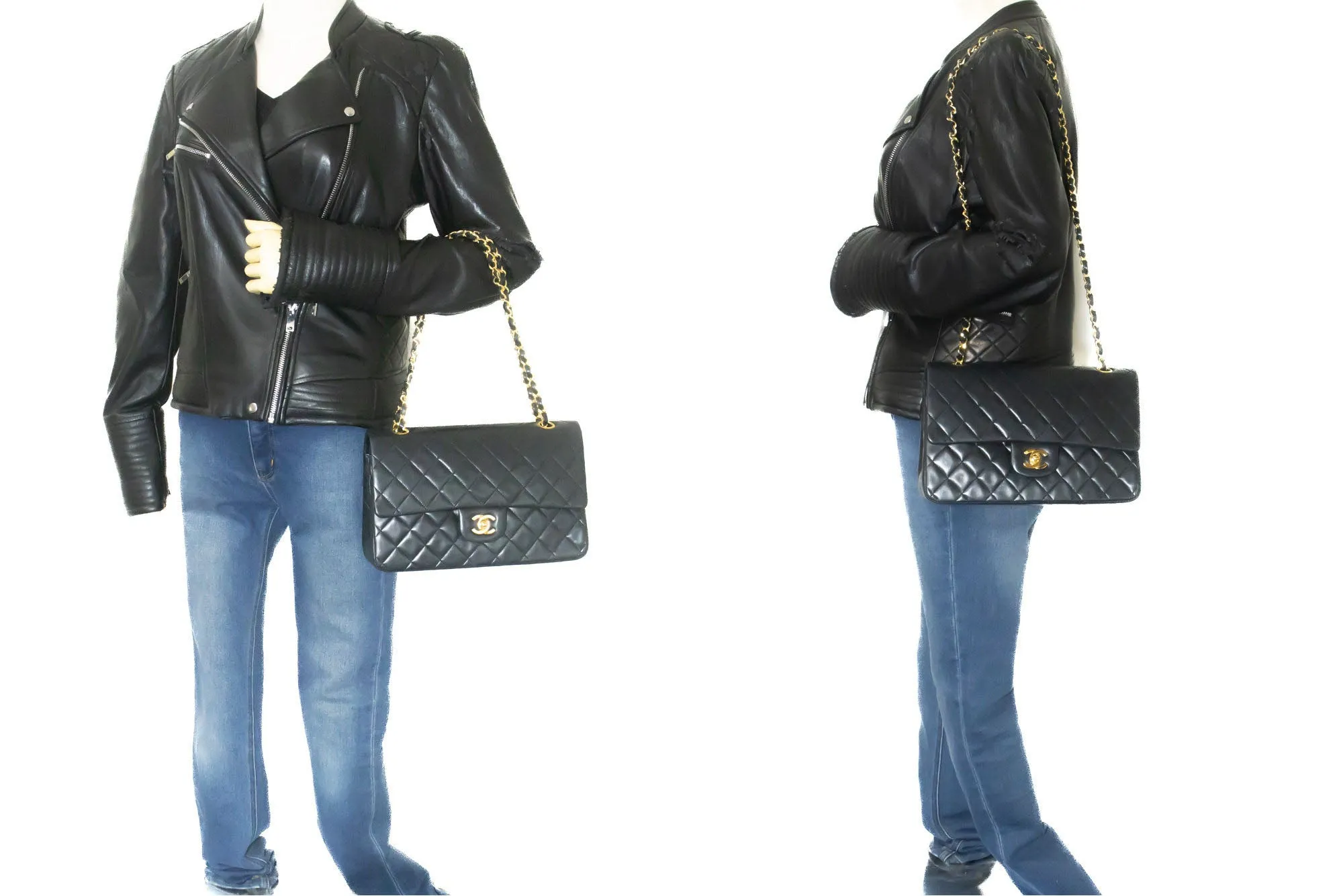 CHANEL Classic Double Flap 10" Chain Shoulder Bag Black Lambskin p09