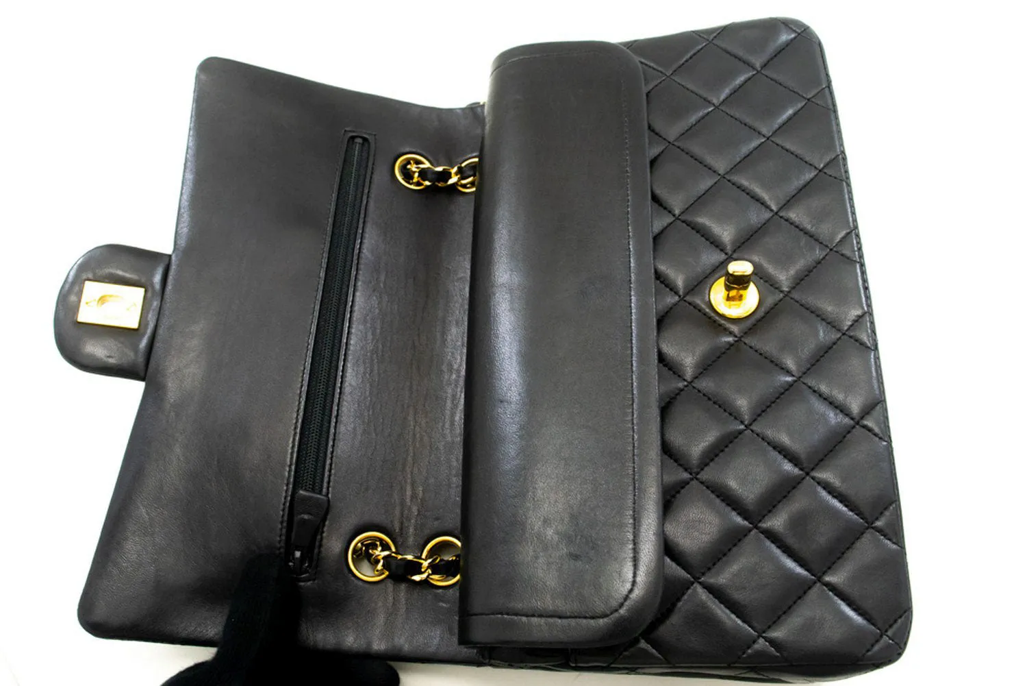 CHANEL Classic Double Flap 10" Chain Shoulder Bag Black Lambskin p09
