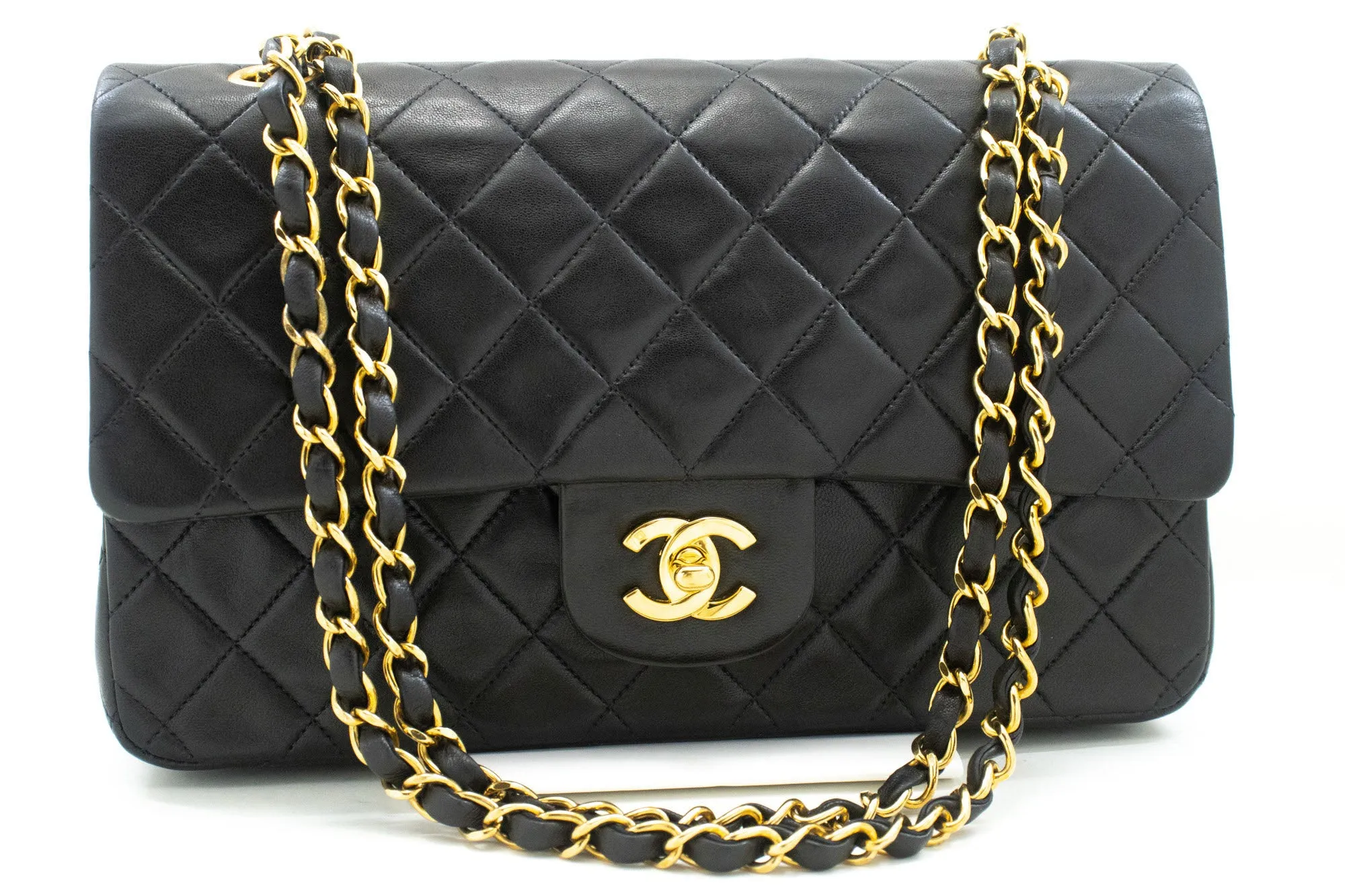 CHANEL Classic Double Flap 10" Chain Shoulder Bag Black Lambskin p32