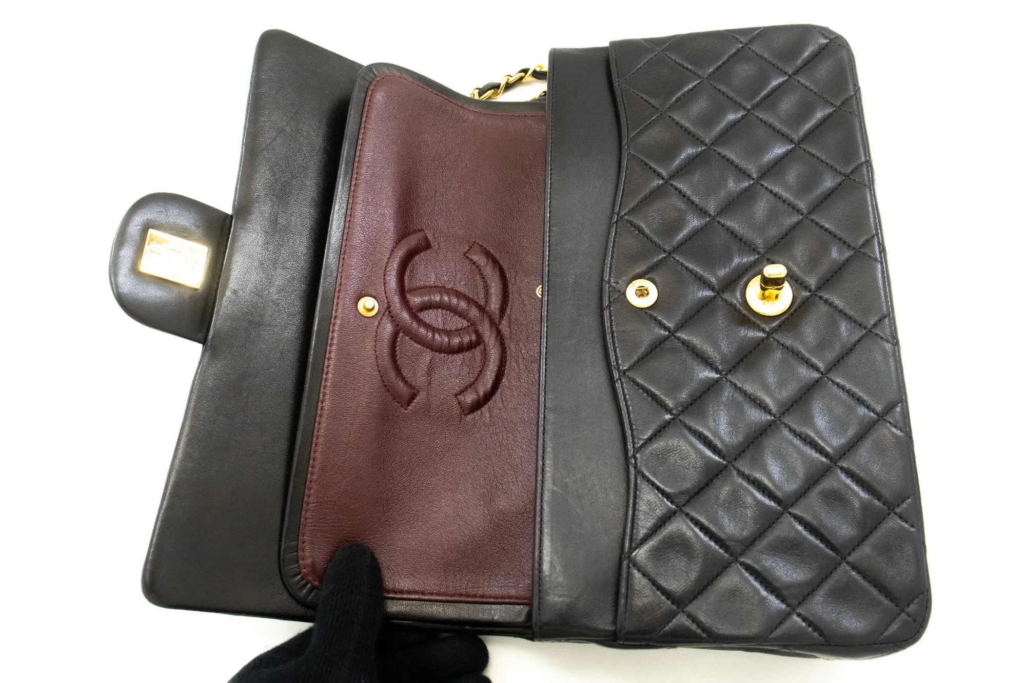 CHANEL Classic Double Flap 10" Chain Shoulder Bag Black Lambskin p32