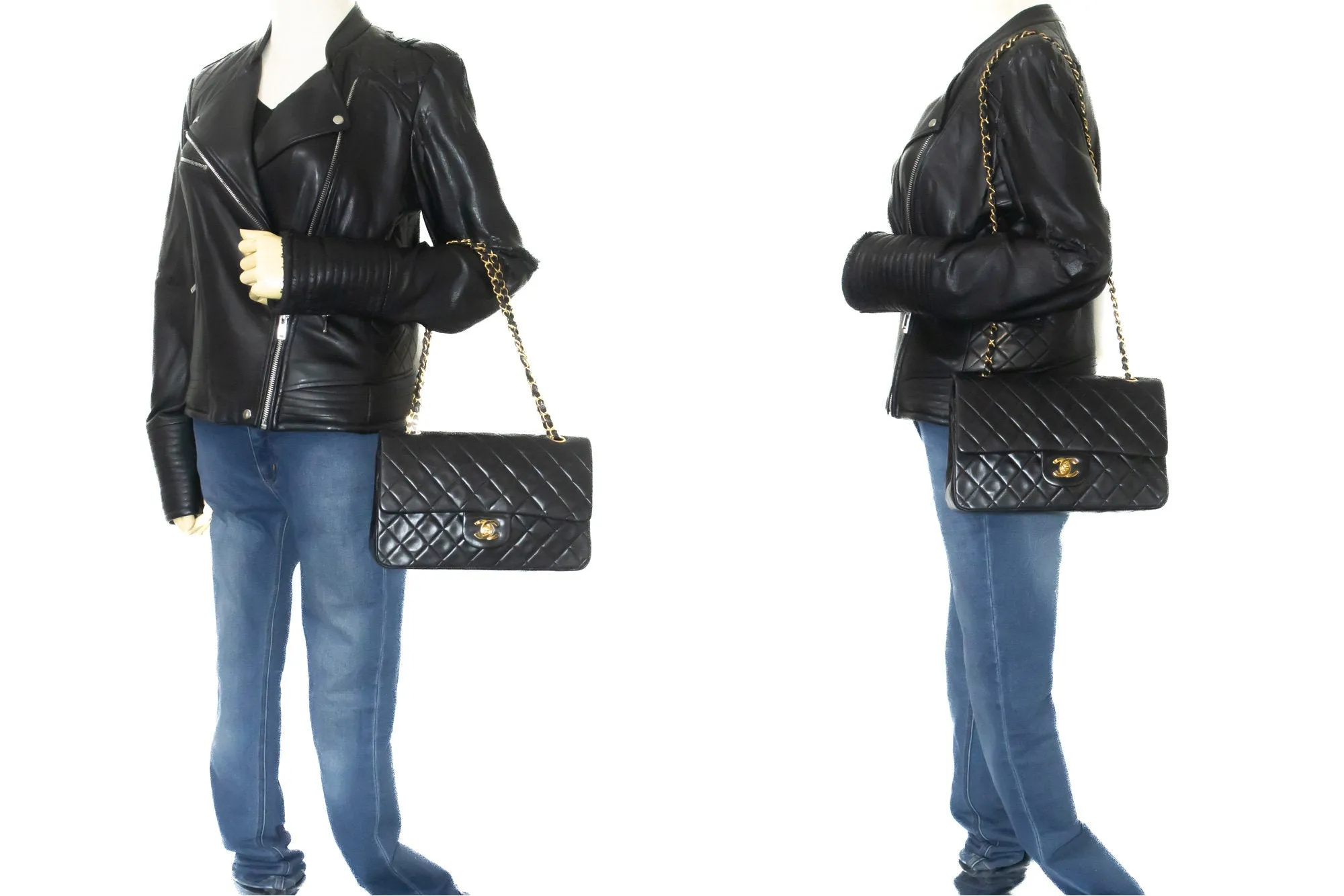 CHANEL Classic Double Flap 10" Chain Shoulder Bag Black Lambskin p32