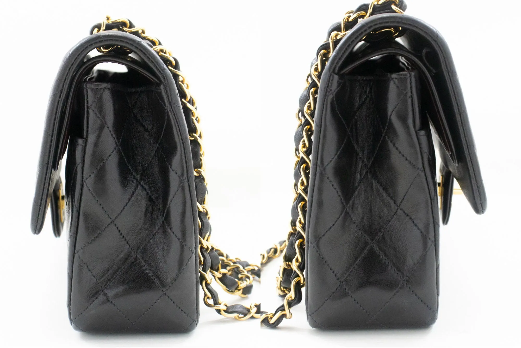 CHANEL Classic Double Flap 10" Chain Shoulder Bag Black Lambskin p32