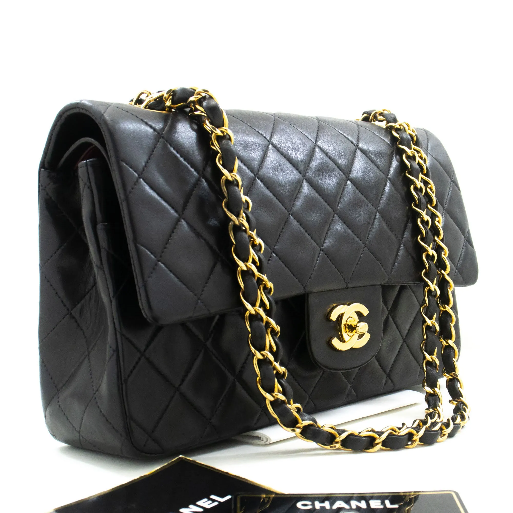 CHANEL Classic Double Flap 10" Chain Shoulder Bag Black Lambskin p32