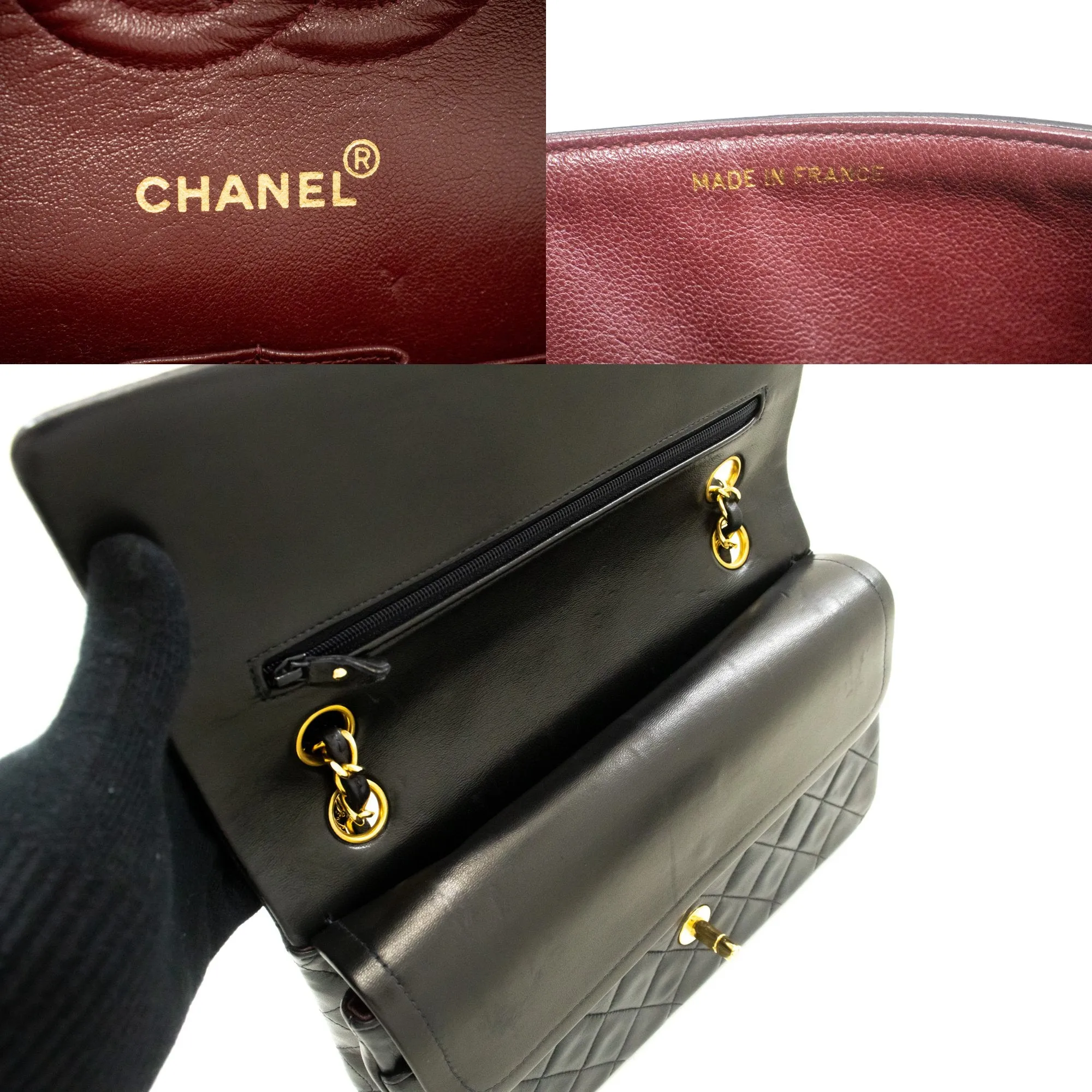 CHANEL Classic Double Flap 10" Chain Shoulder Bag Black Lambskin p32