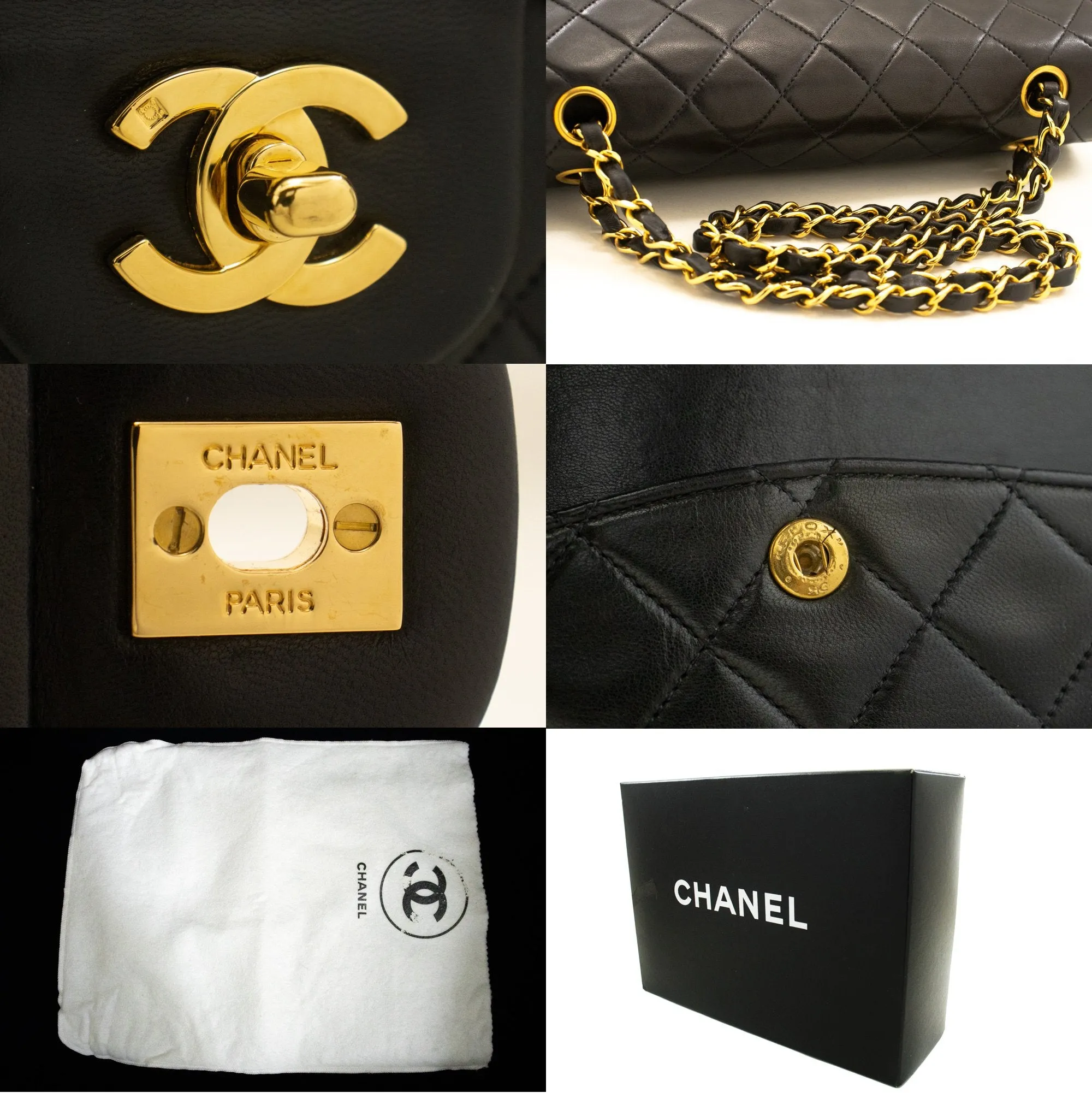 CHANEL Classic Double Flap 10" Chain Shoulder Bag Black Lambskin p32
