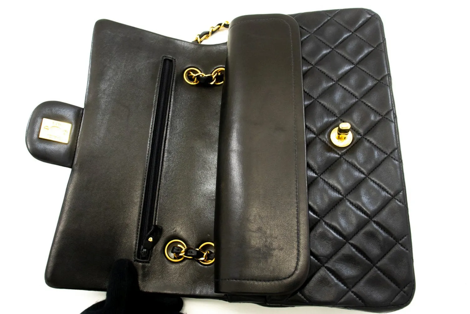 CHANEL Classic Double Flap 10" Chain Shoulder Bag Black Lambskin p32