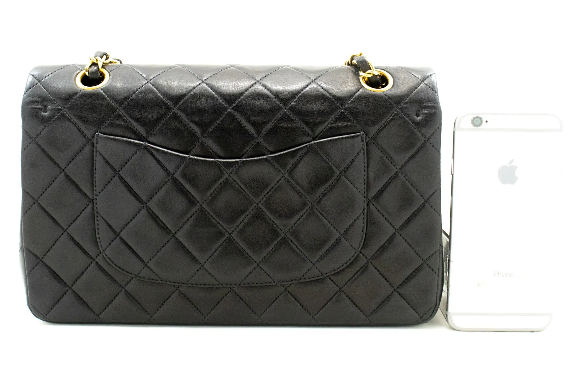 CHANEL Classic Double Flap 10" Chain Shoulder Bag Black Lambskin p32