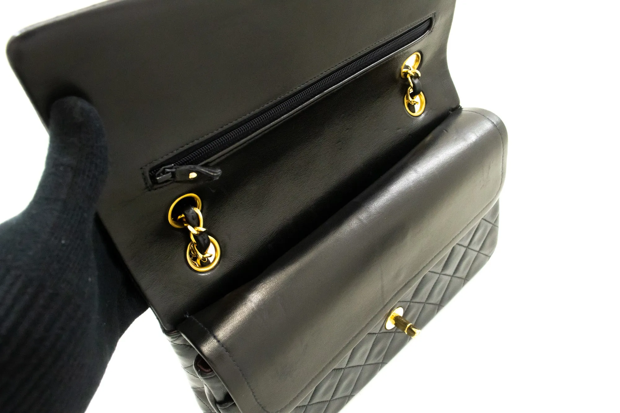 CHANEL Classic Double Flap 10" Chain Shoulder Bag Black Lambskin p32