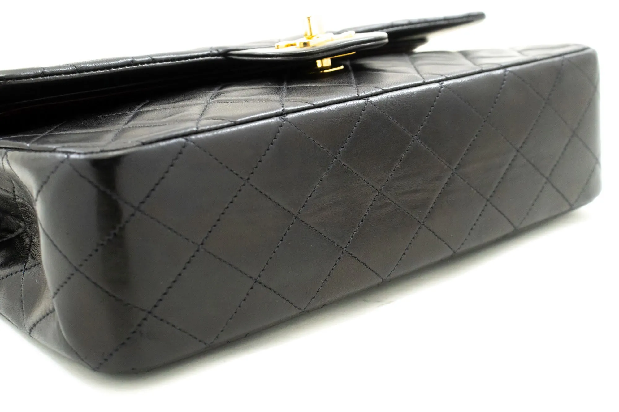 CHANEL Classic Double Flap 10" Chain Shoulder Bag Black Lambskin p32